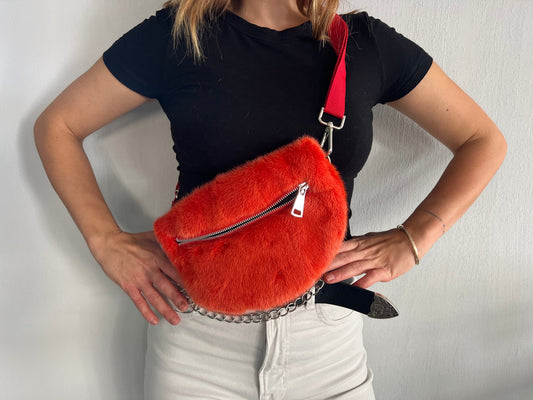Orange Mink Fur Bumbag with Chain Strap: Luxury Fanny Pack