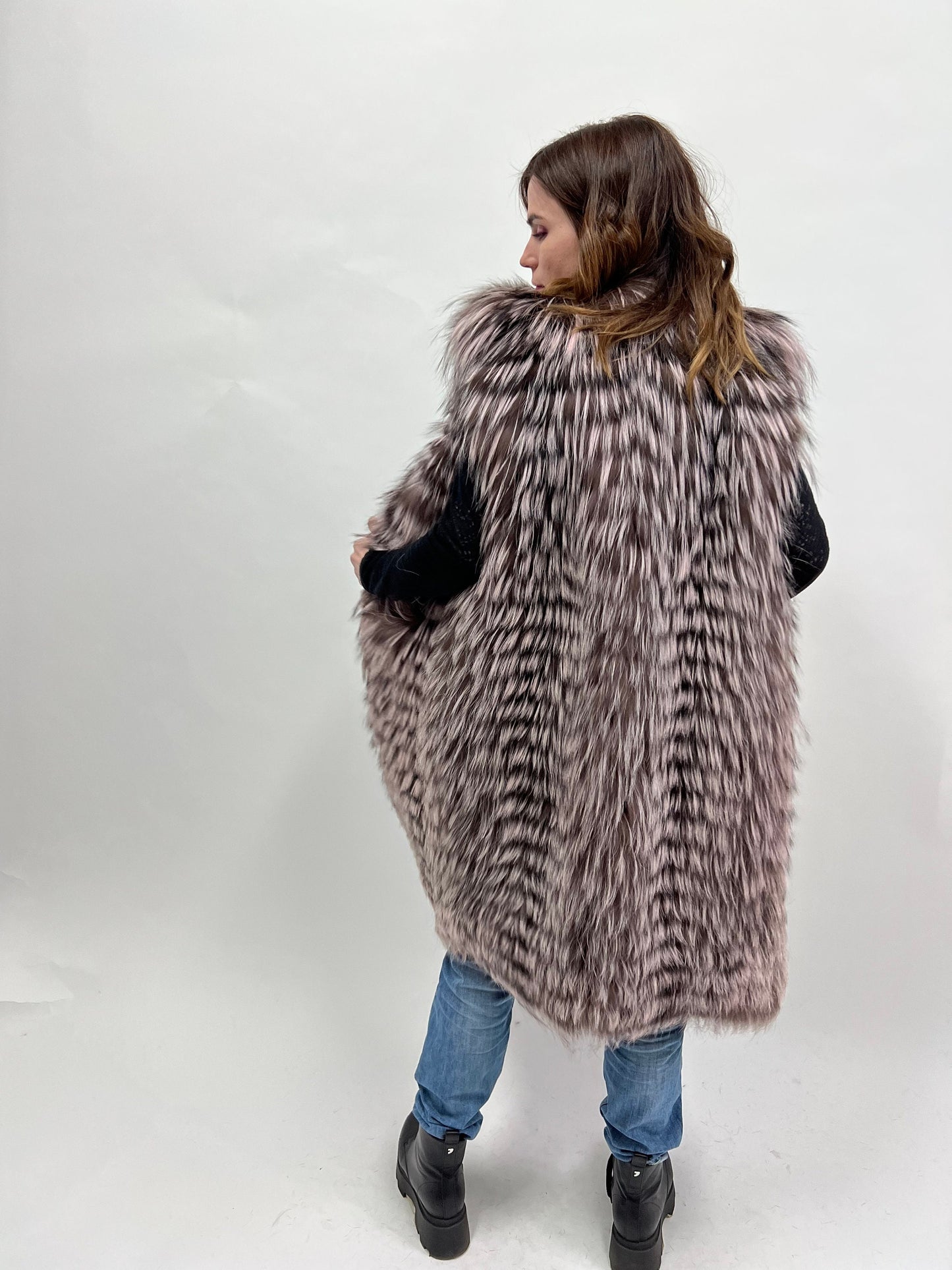 Pink Pastel Fox Fur Vest: Luxury Long Coat, Size Small