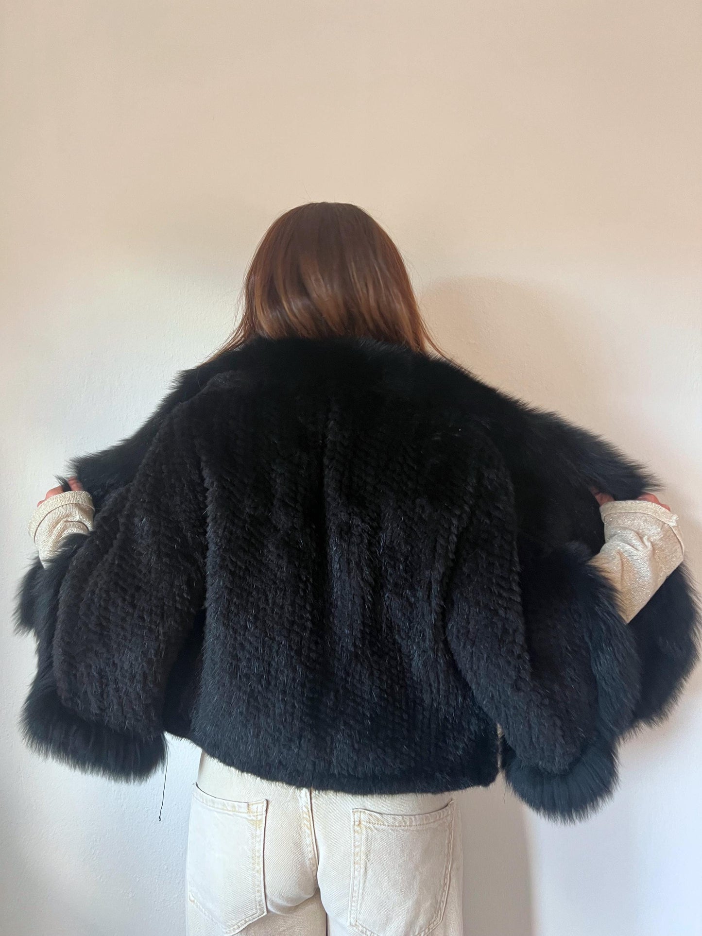Handwoven Black Mink Fur Cape with Fox Trim - Made in Greece