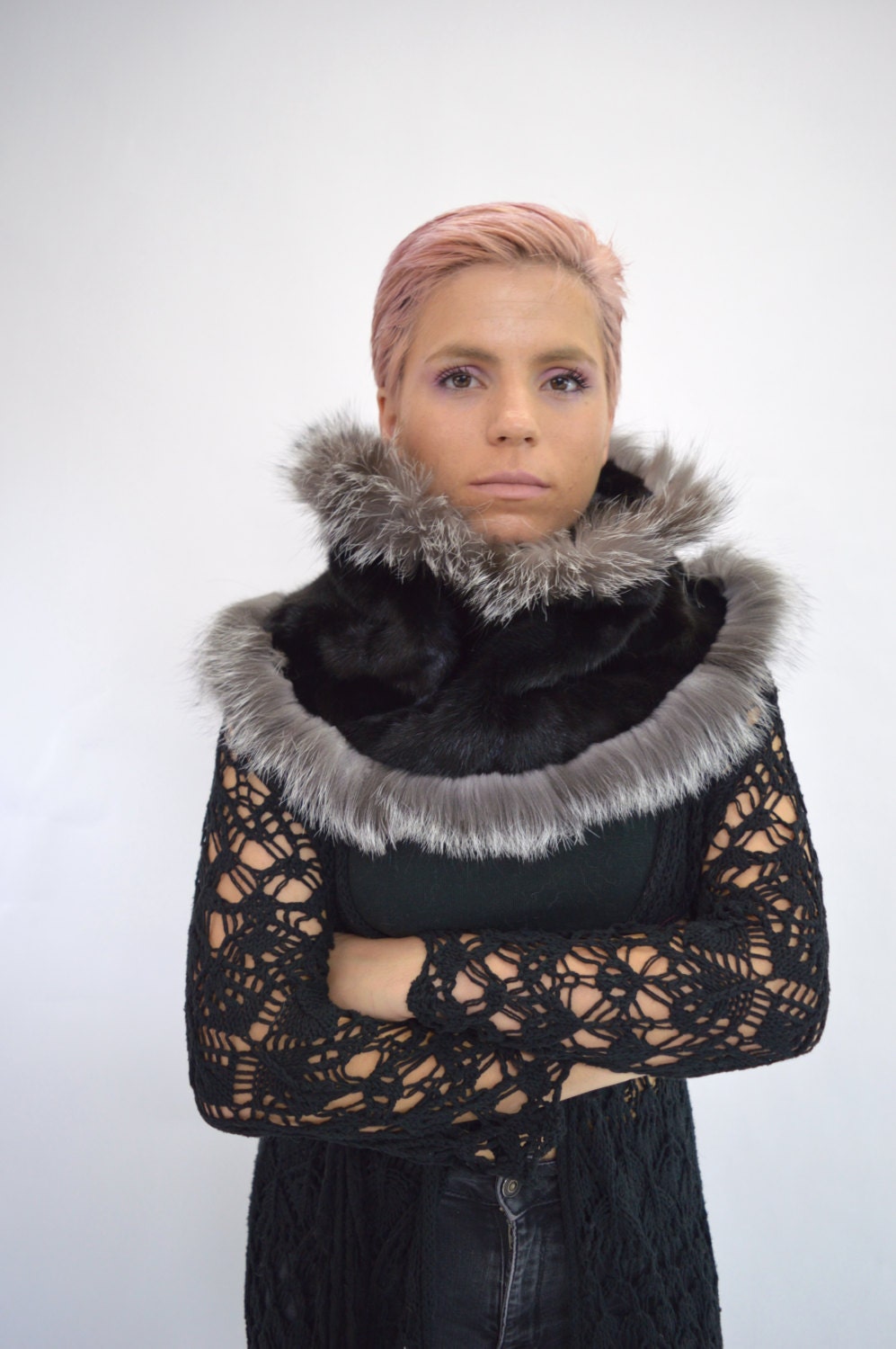 Handmade Black Mink Fur Infinity Scarf: Silver Fox Fur Cowl