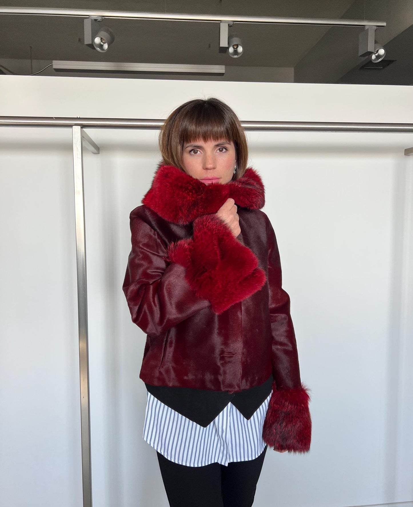 Genuine Cherry Leather Jacket: Hair-On Hide, Fox Fur Trim
