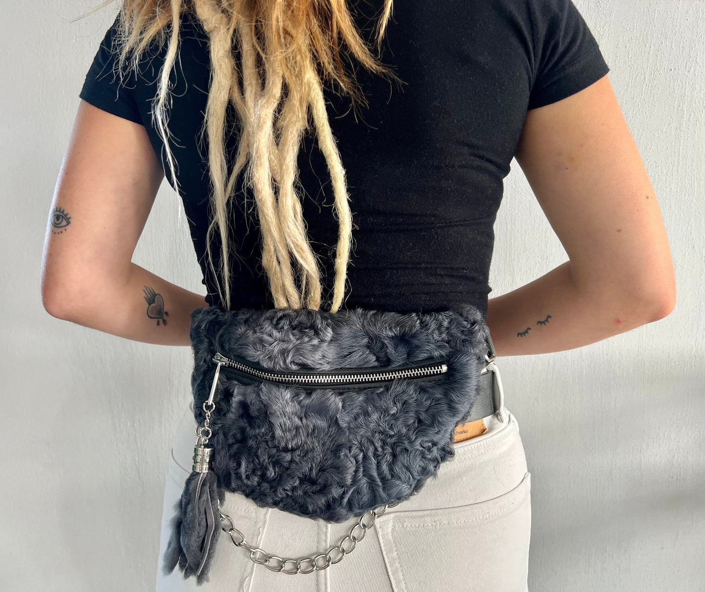 Graphite Lamb Fur Bumbag: Handmade Waist or Shoulder Bag
