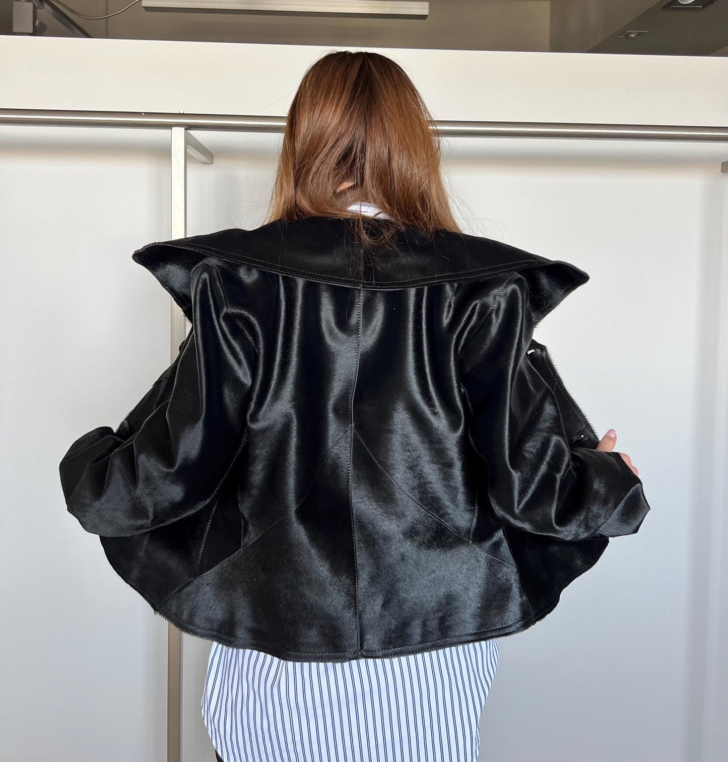 Genuine Hair-On Leather Jacket: Black Calf Fur Coat, Handmade in Greece