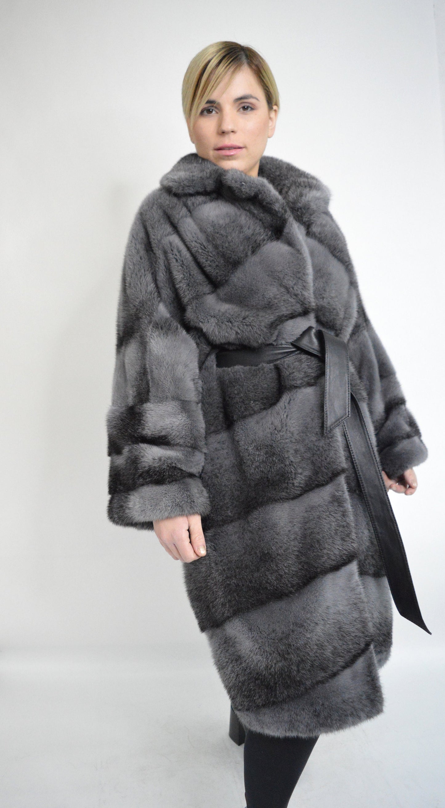 Grey Mink Fur Kimono Coat: Black Cross Dyed, oversized with Leather Belt