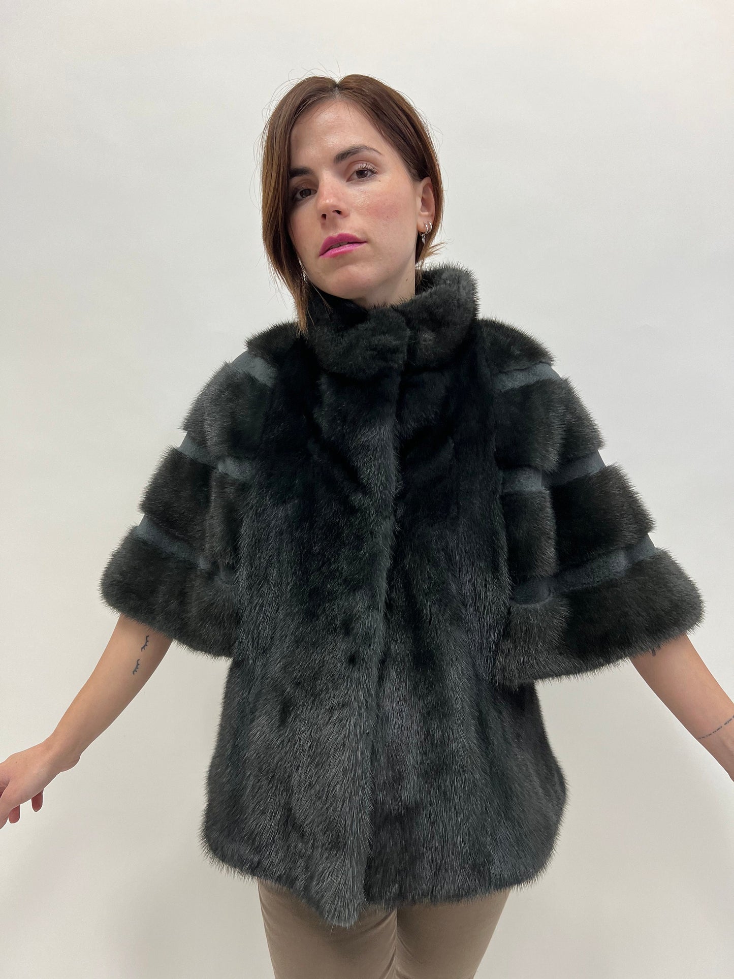 Midnight Blue Mink Fur Cape Jacket - Sheared Mink Details - Saga Furs