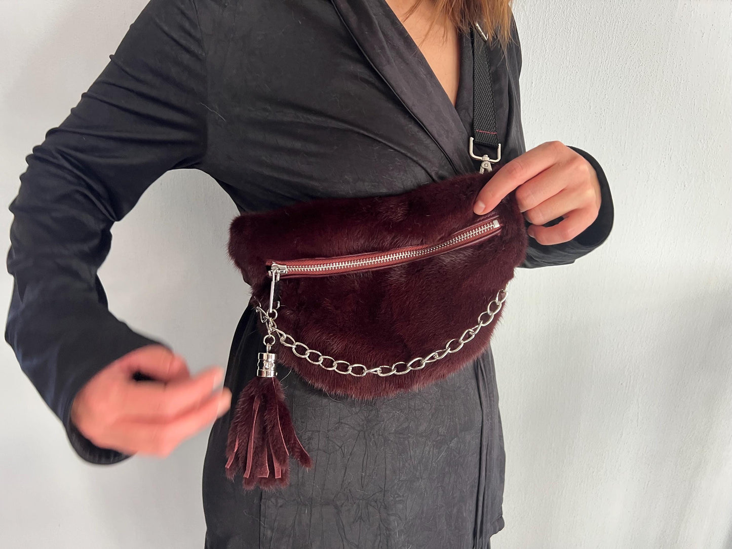Burgundy Mink Fur Bumbag with Chain, Luxury Fanny Bag