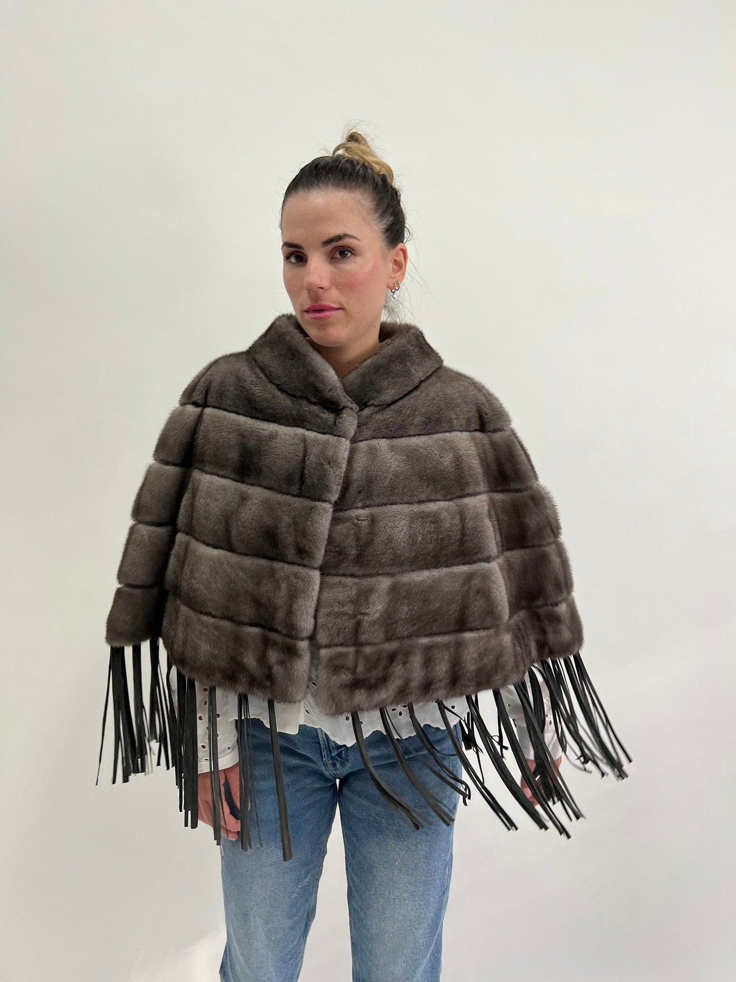 Grey Mink Fur Poncho: Leather Tassel Cape - Saga Blue Iris