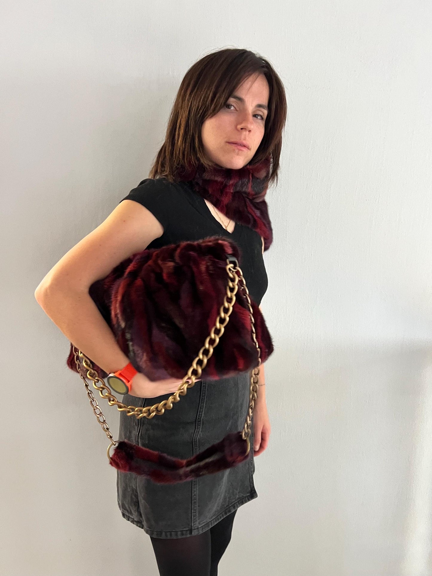 Handmade Mink Fur Slouchy Shoulder Bagin Burgundy : Luxury Cross-body Purse in army shades.