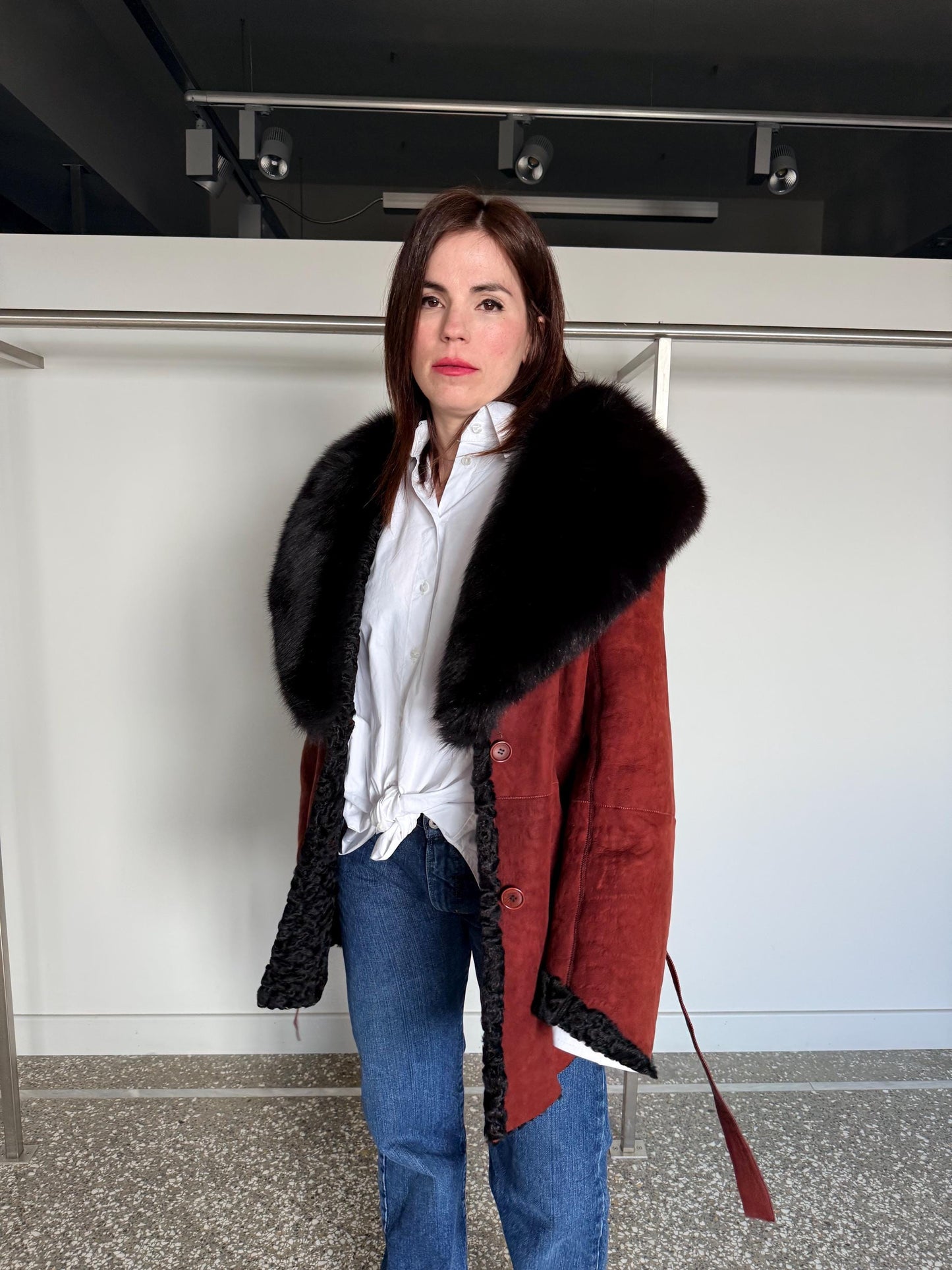 Reversible Shearling Suede Jacket with Fox Collar, Leather Belt, Made in Greece