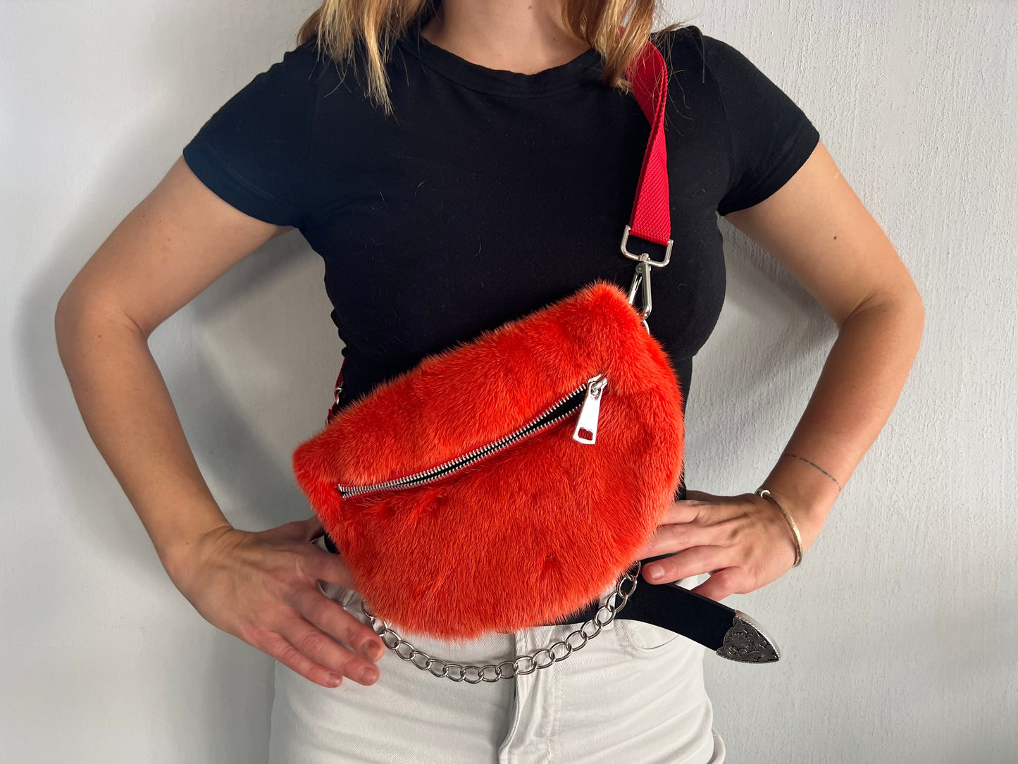 Orange Mink Fur Bumbag with Chain Strap: Luxury Fanny Pack