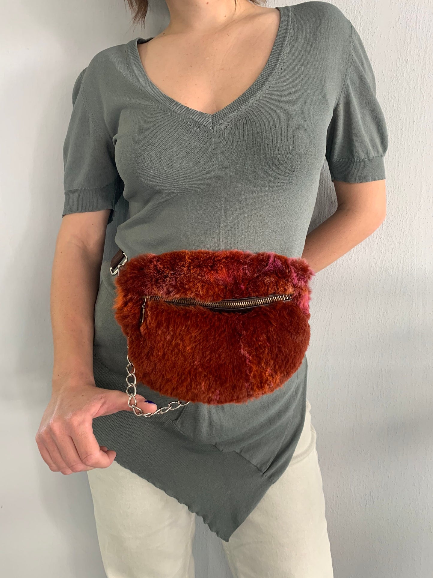 Terracotta Rabbit Fur Bumbag with Chain Strap