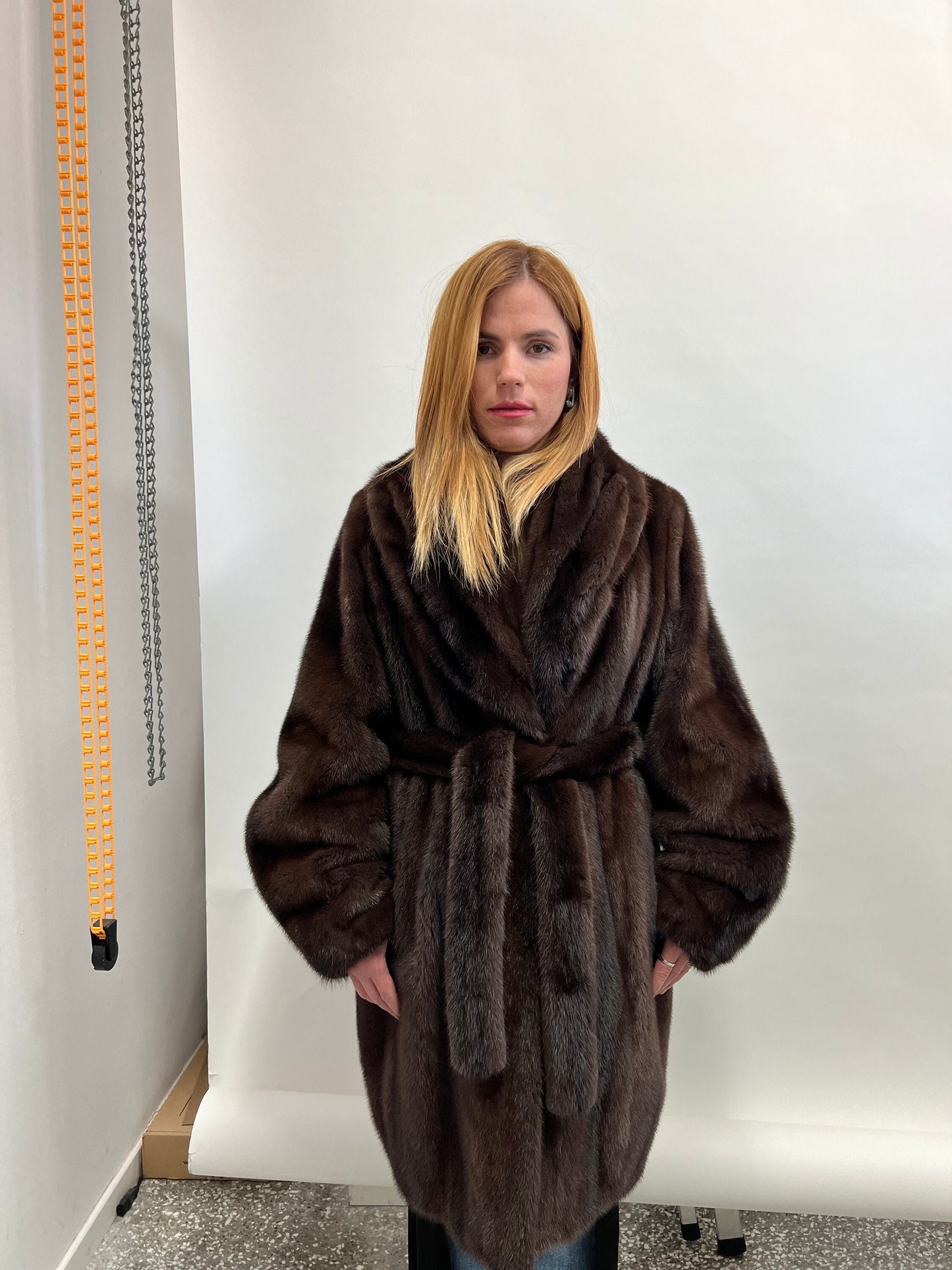 Choco Brown Mink Fur Coat: Big Collar Belted Stroller, Size Medium