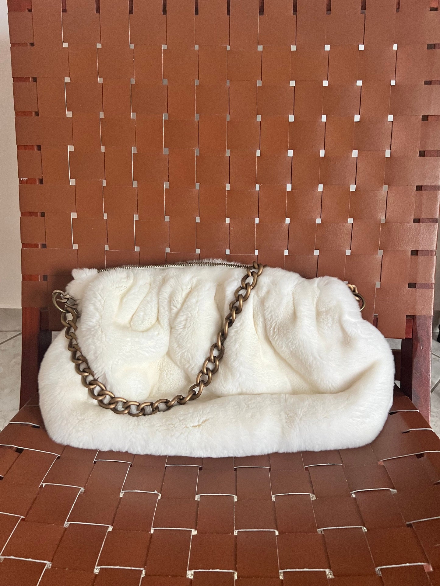 Handmade Rex Rabbit Fur Pouch Bag: White Slouchy Shoulder Bag