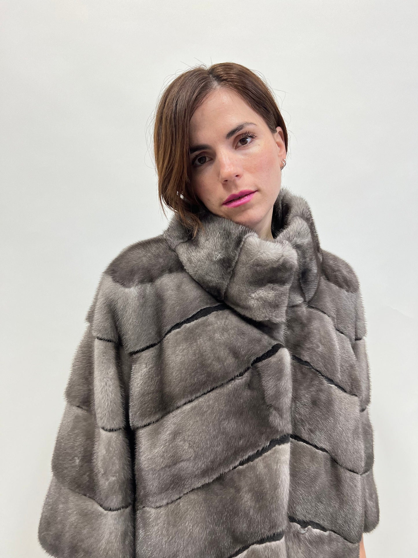 Blue Iris Mink Fur Coat with Sheared Black Stripes