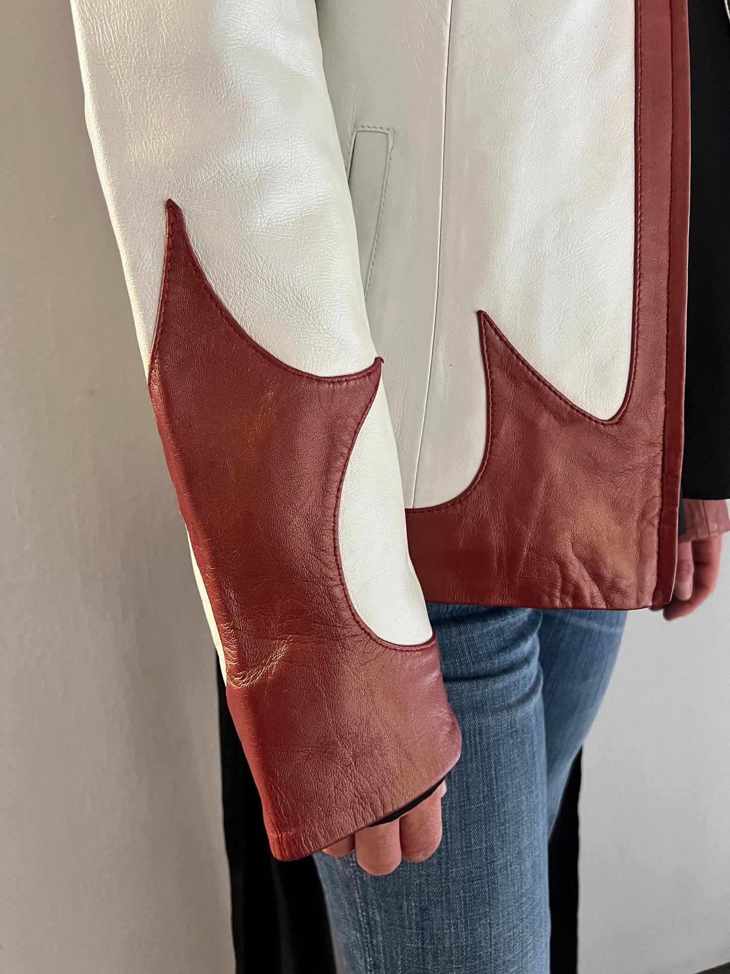 Handmade Lambskin Leather Jacket: Cream White Nappa with Bordeaux Details (XS)