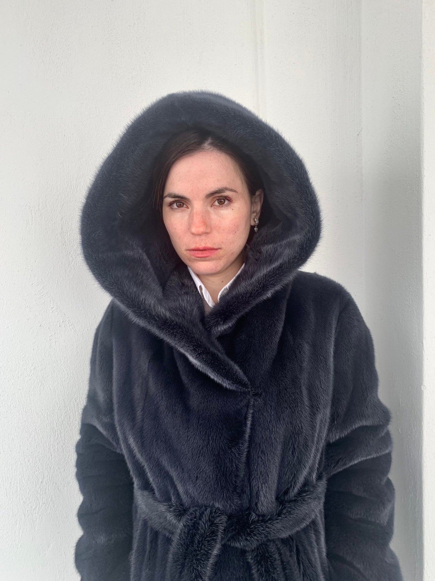 Denim Blue Mink Fur Stroller Coat: Hooded Belted Luxury