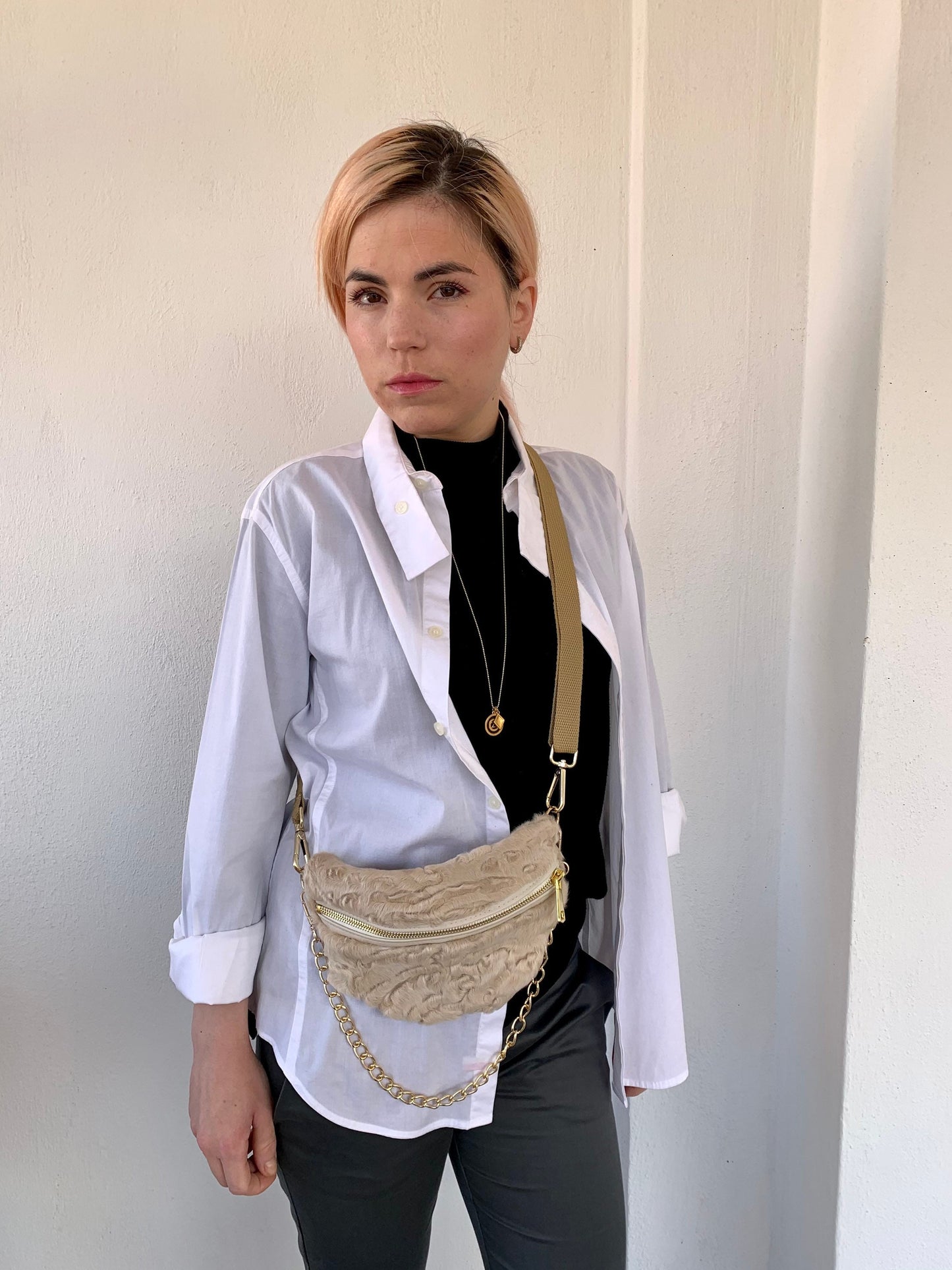 Beige Swakara Fur Bumbag with Chain: Luxury Waist Bag