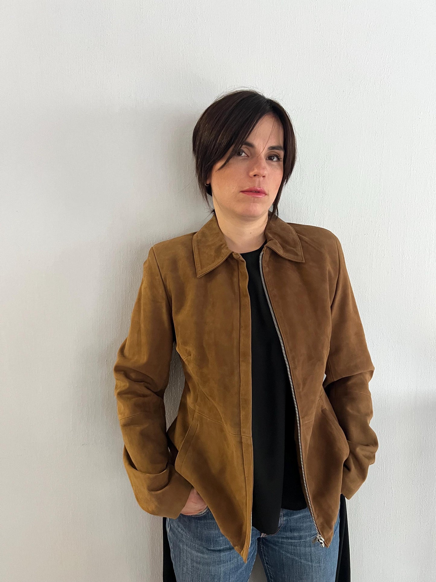 Handmade Tobacco Suede Leather Zipped Jacket: Light Genuine Leather Blazer