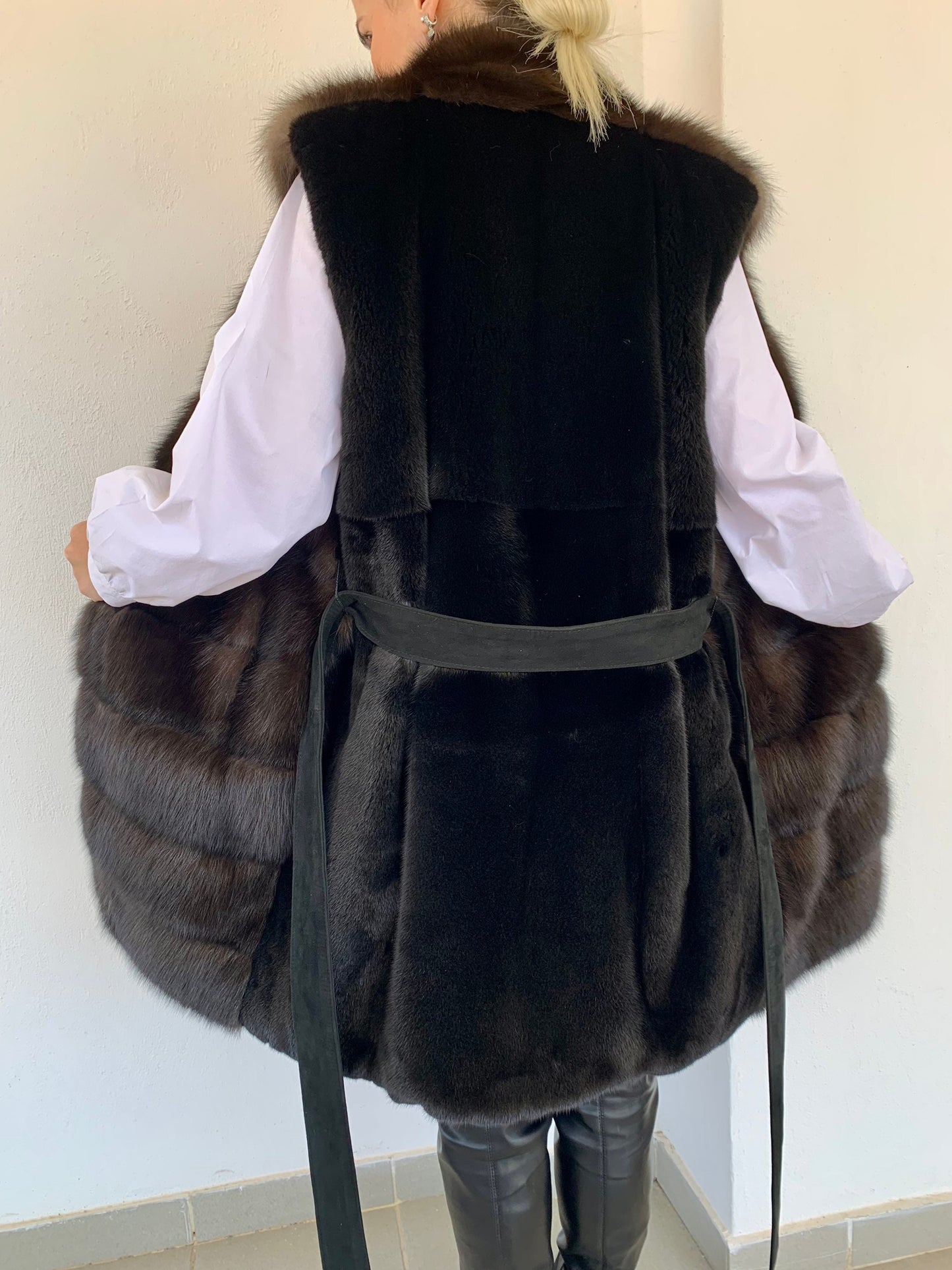 Real Sable Fur Vest: Velvet Mink Back, Suede Belt Trim