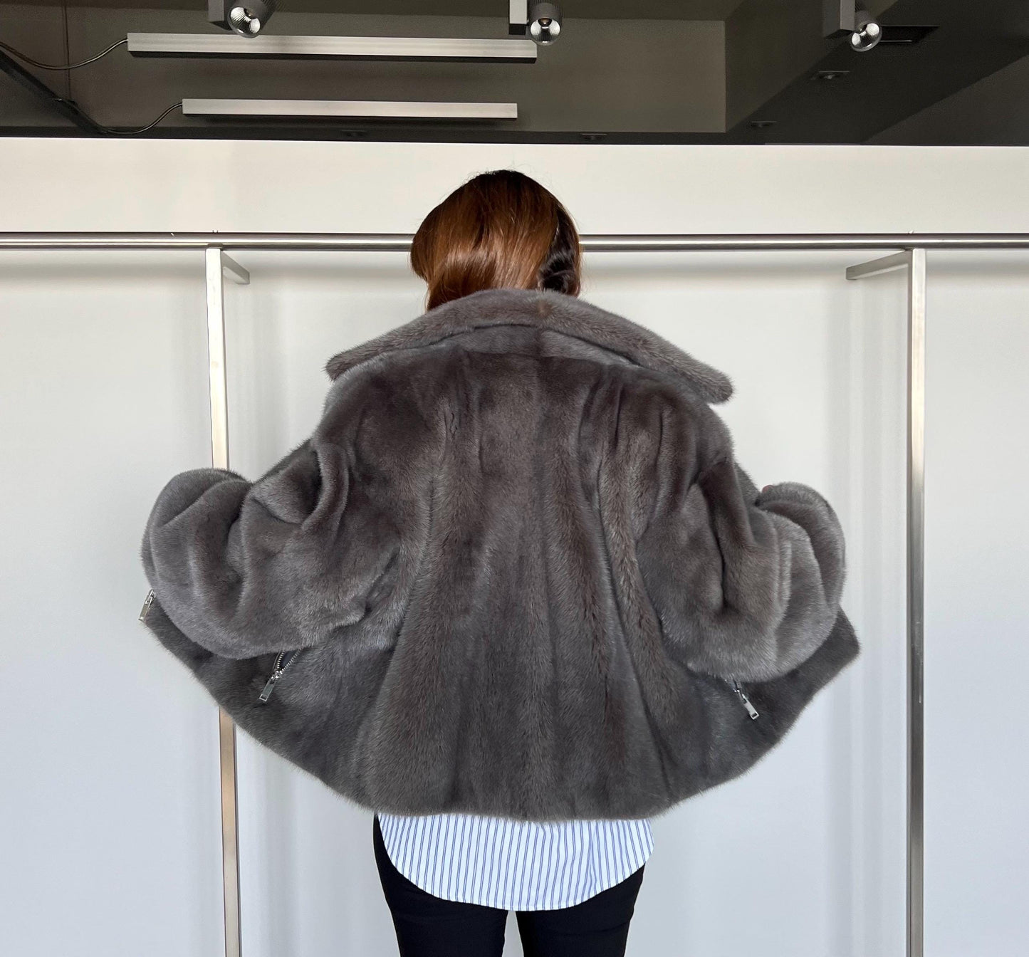 Grey Mink Fur Jacket: Copenhagen Pelts, Boxy Style, Size 2XL