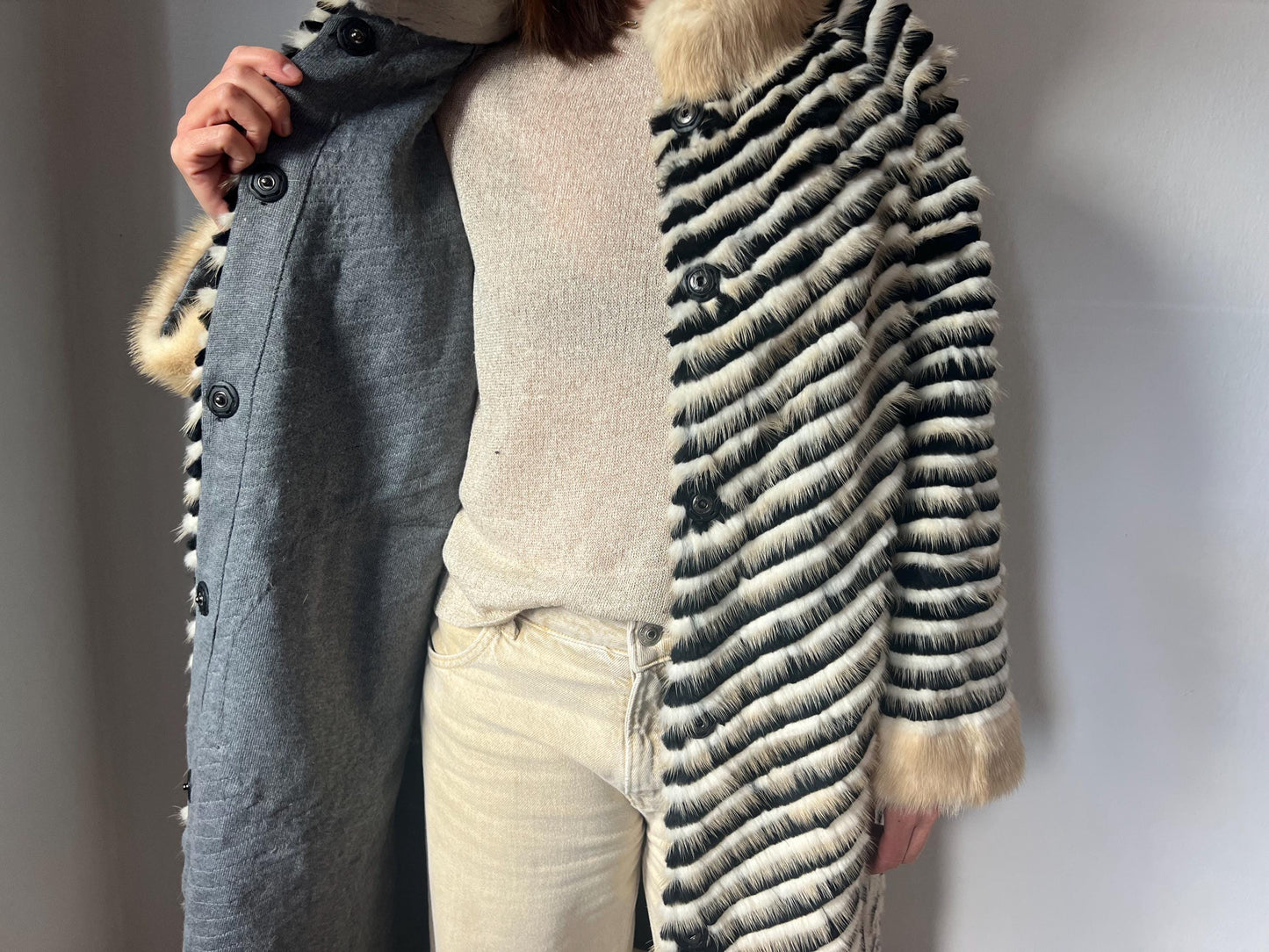 Handwoven Mink Fur Coat: Beige & Black Wool Lined Jacket