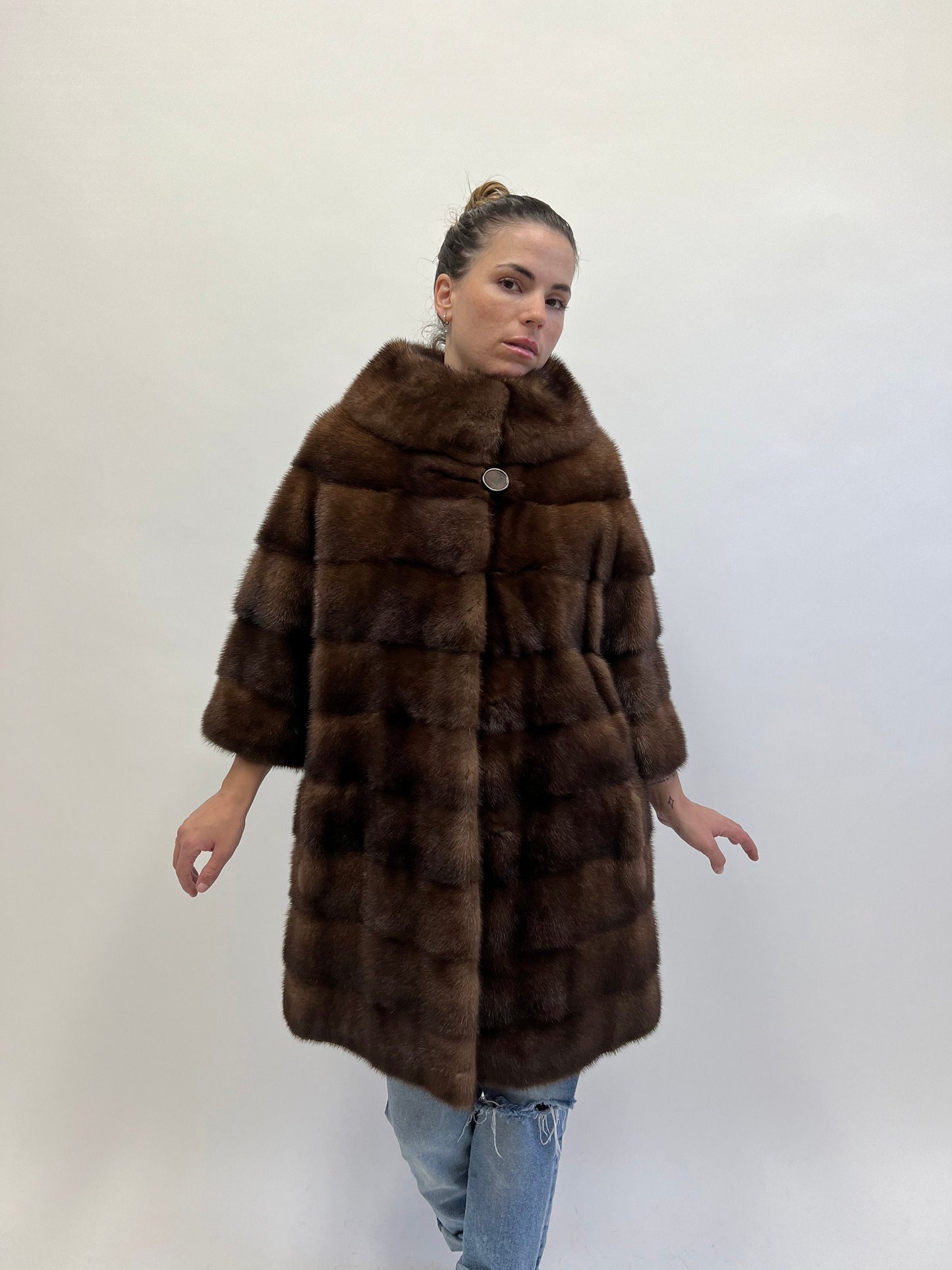 Brown Mink Fur Coat: Horizontal Design, Luxury Jacket