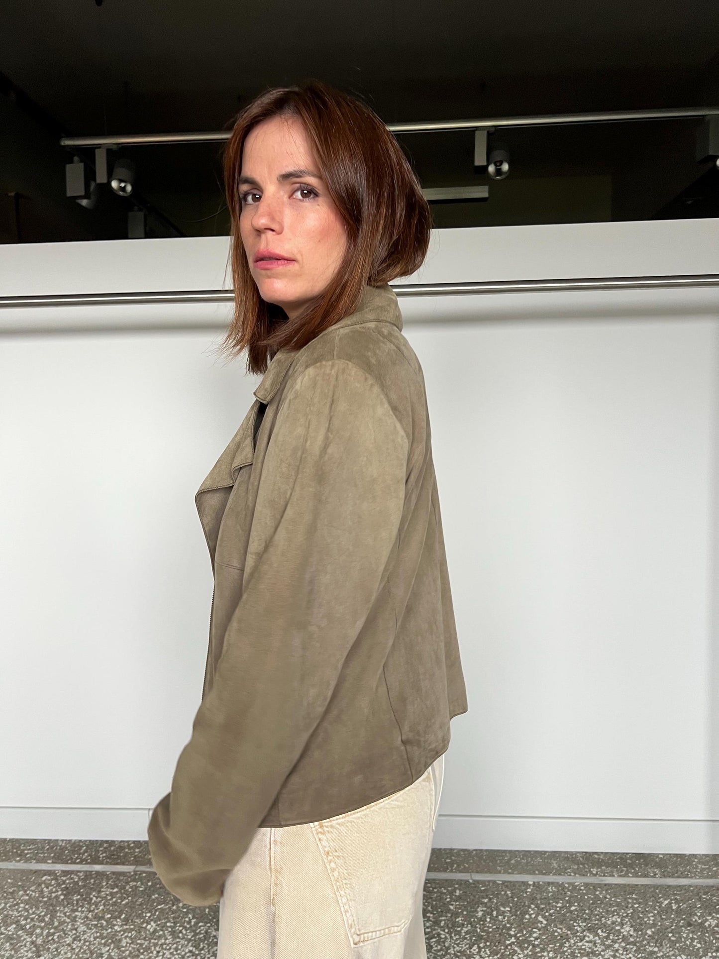 Grey olive  suede leather biker jacket . Light genuinely leather: Handmade blazer with pockets .