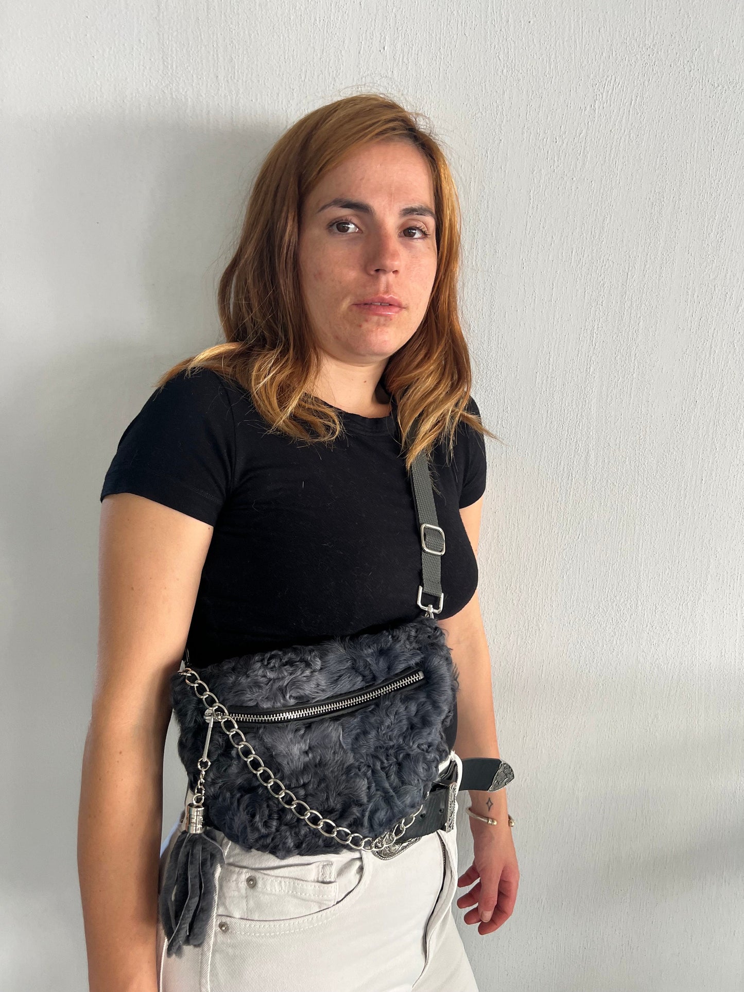 Graphite Lamb Fur Bumbag: Handmade Waist or Shoulder Bag