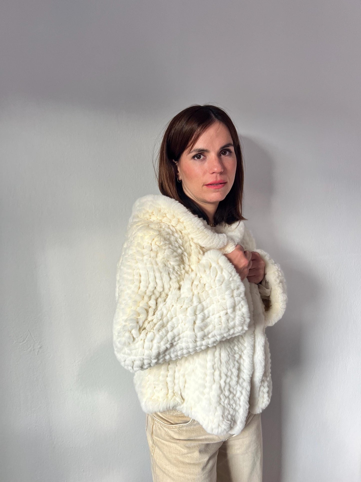 Handwoven Cream Rabbit Fur Hooded Jacket - Frog Closure