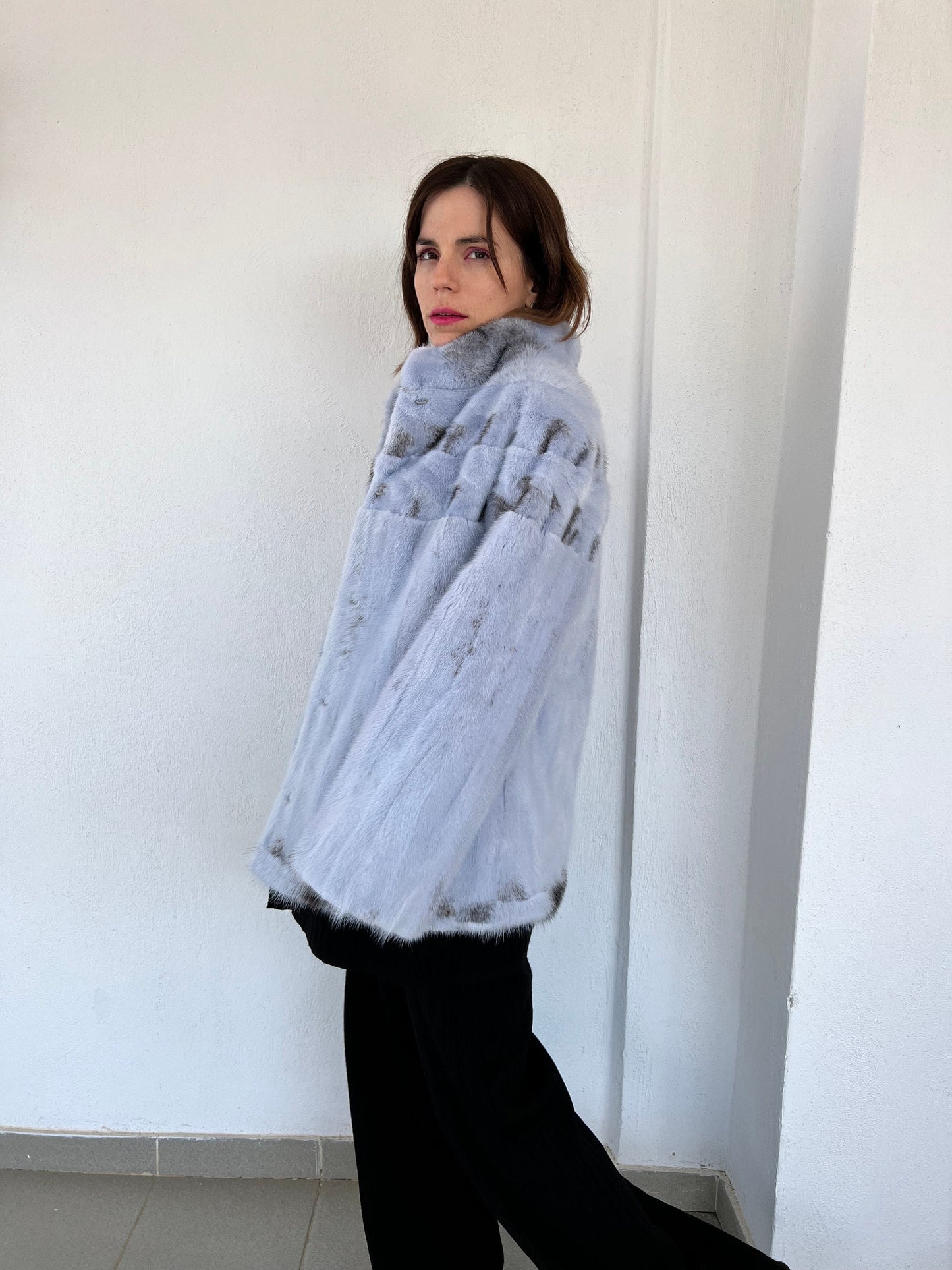 Baby Blue Mink Fur Jacket - High Collar, Handmade in Greece