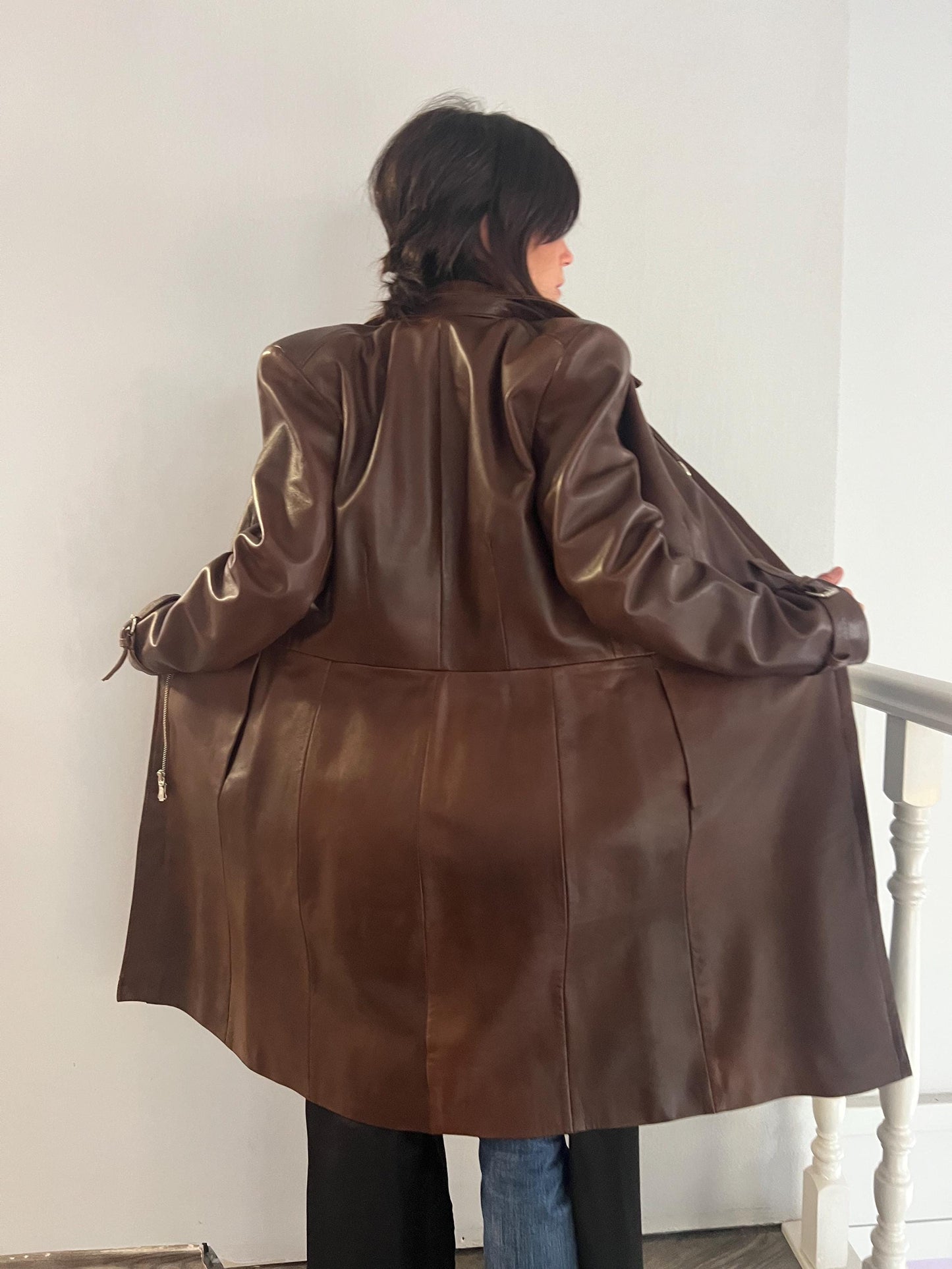 Handmade Nappa Lamb Leather Coat: Buttery Brown Tobacco Duster