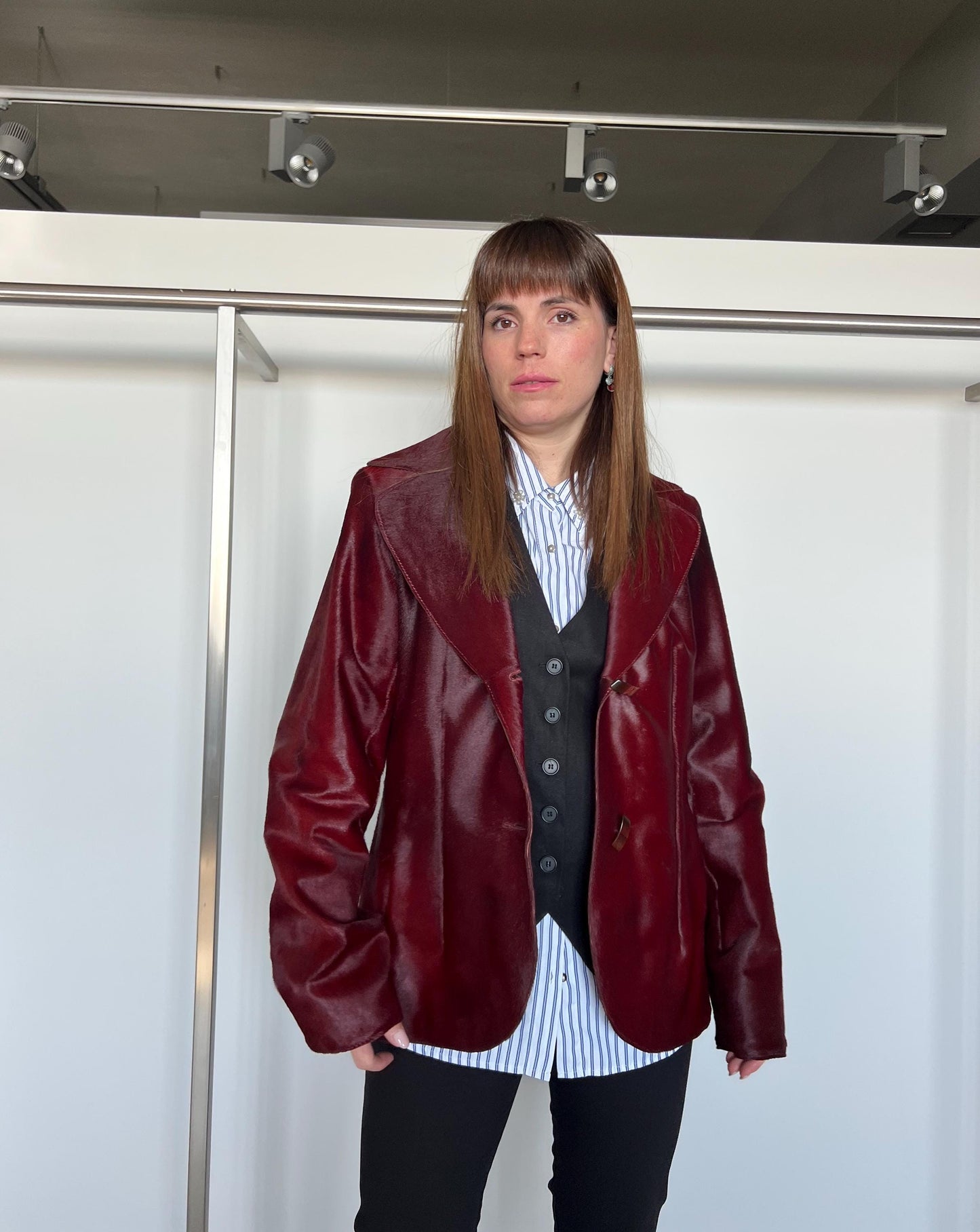 Genuine Cherry Hair-on Hide Leather Coat - Calf Cavallino Jacket