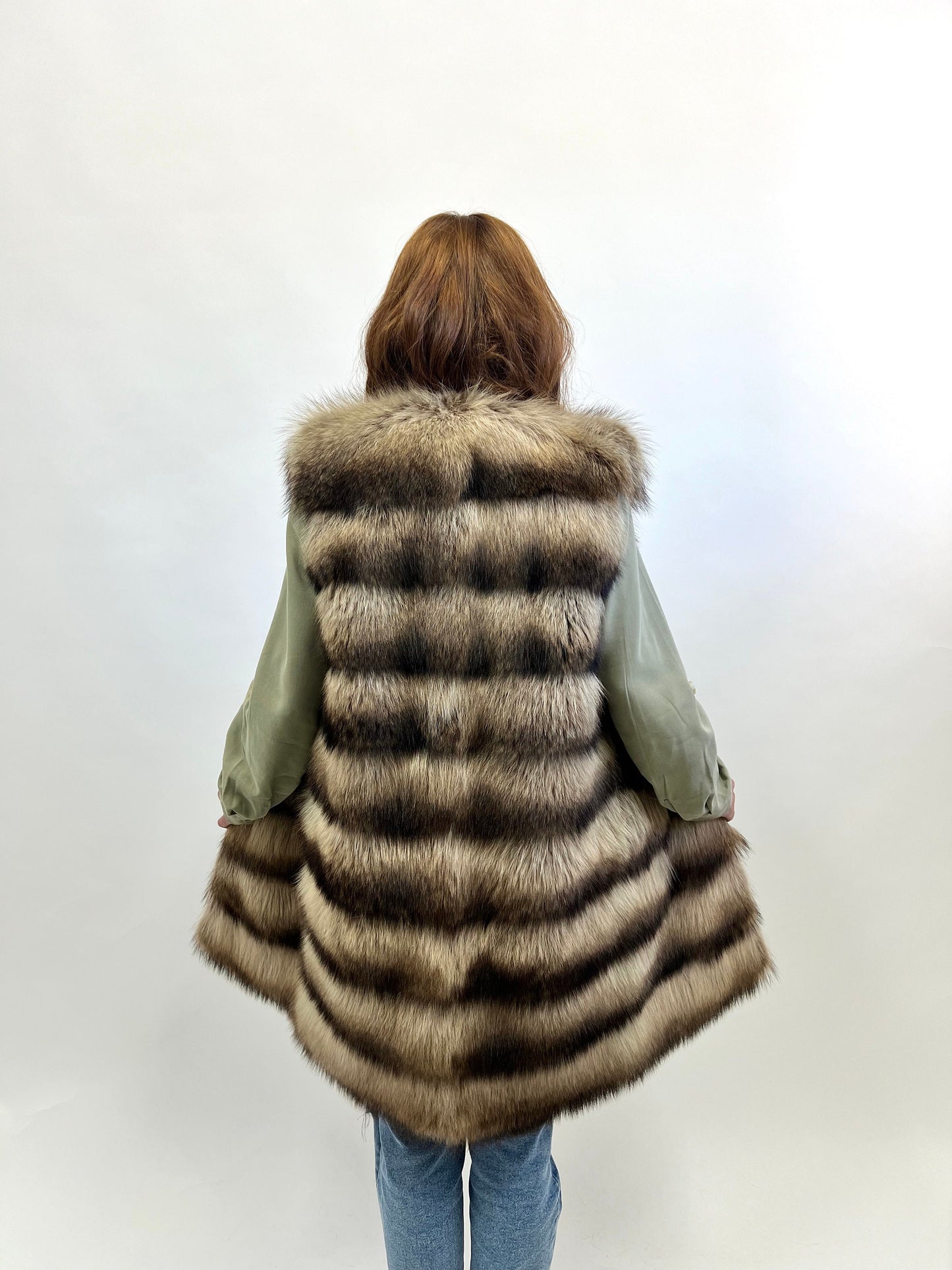 Real Raccoon Fur Vest: Beige Brown Leather Trim, Size XXSmall-XSmall