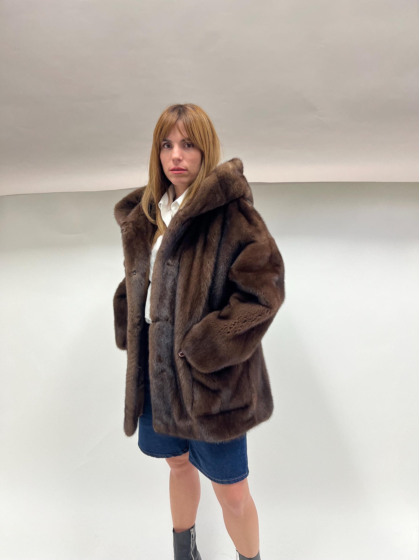 Real Brown Mink Hooded Jacket - Saga Demi Buff Fur