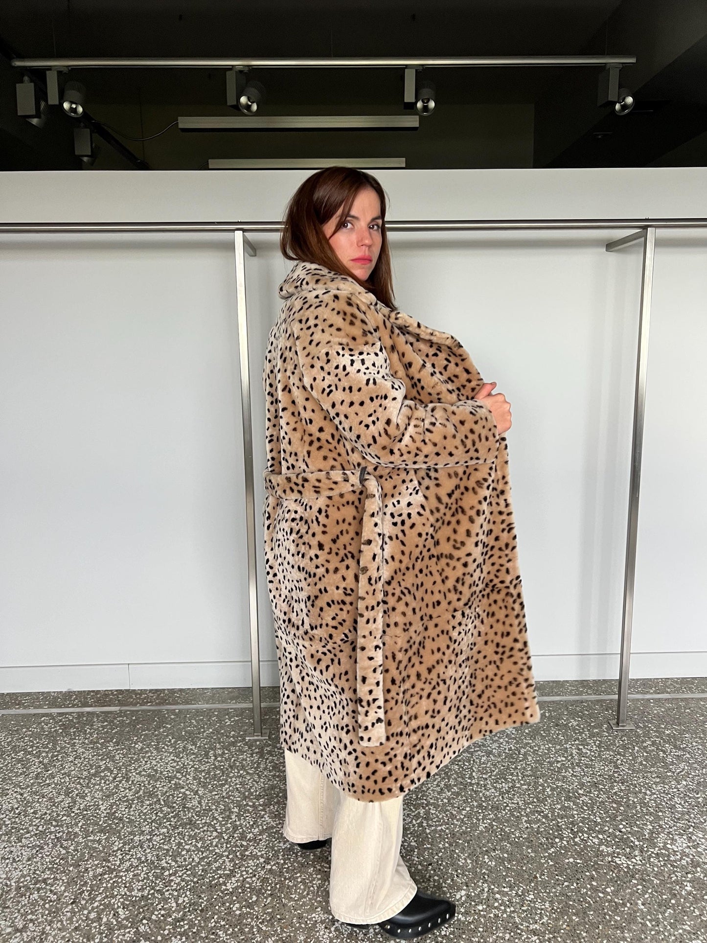 Handmade Merino Shearling Coat: Animal Stamp Fur Stroller, Brown Leather Wrap