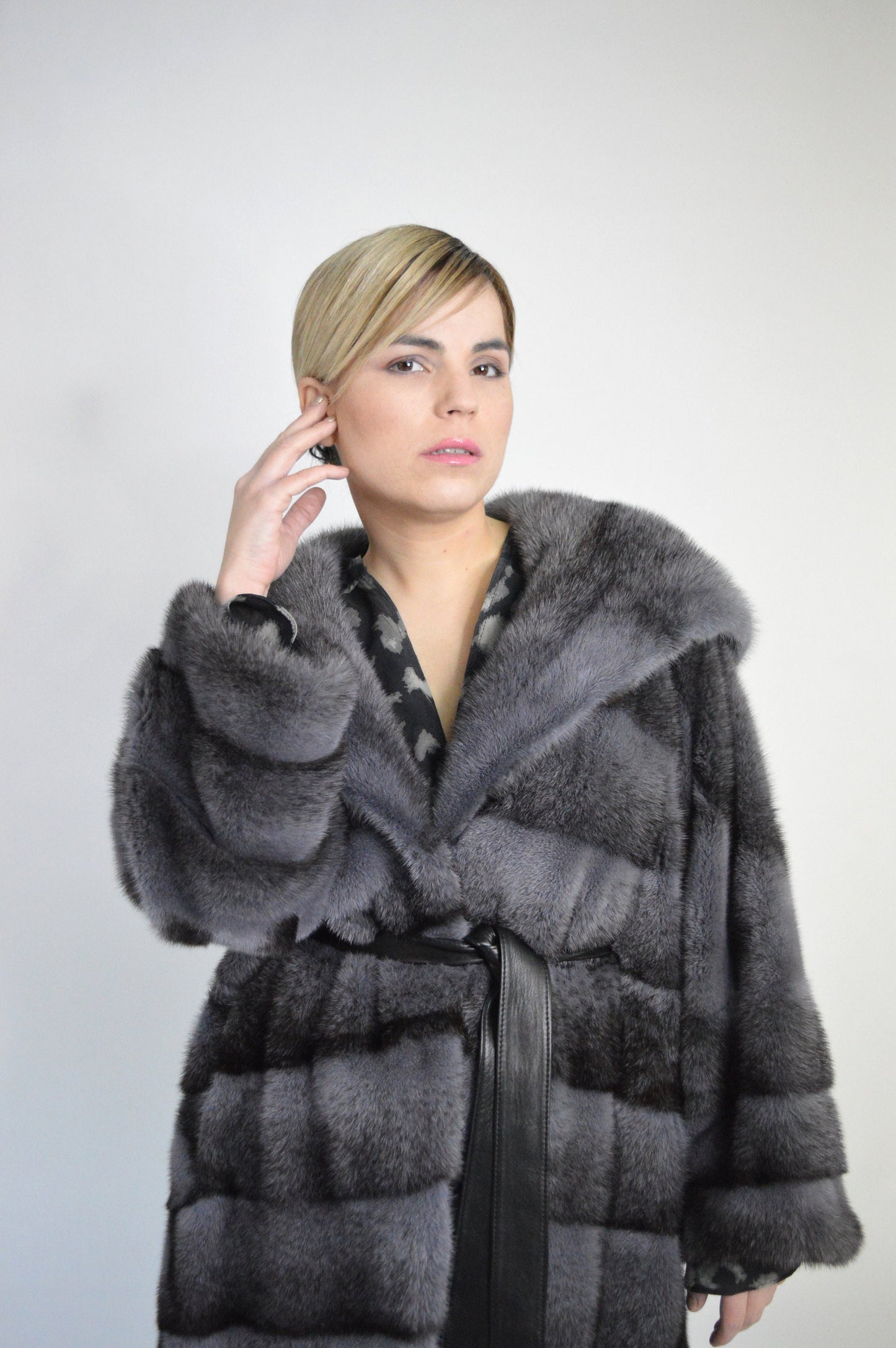 Gray Mink Fur Kimono Coat: Hooded Black Cross Dyed Stroller,oversized with Leather Belt