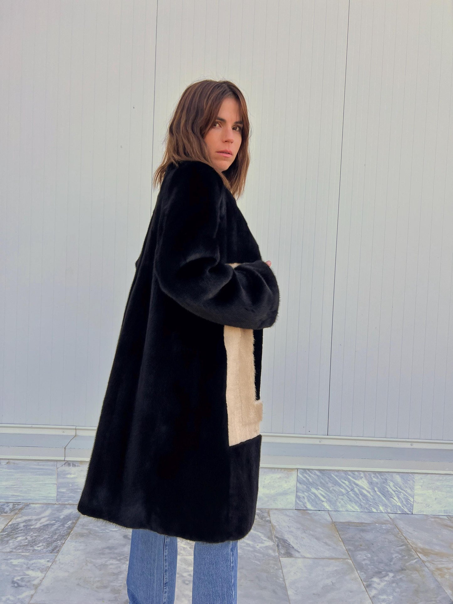 Blackglama Mink Fur Coat, Geometric Intarsia Design, Artisanal  Stroller