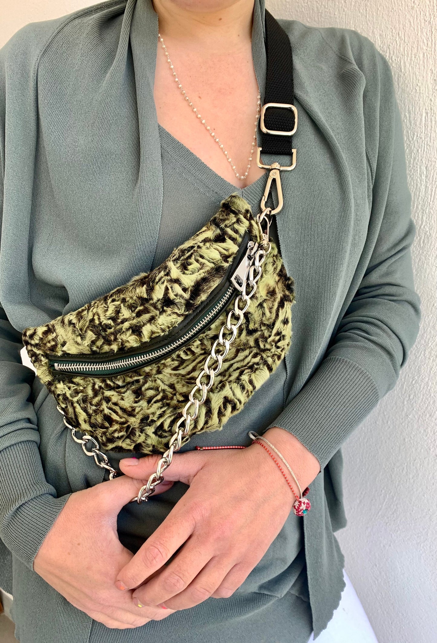 Lime Lamb Fur Bumbag with Chain: Luxury Fanny Pack