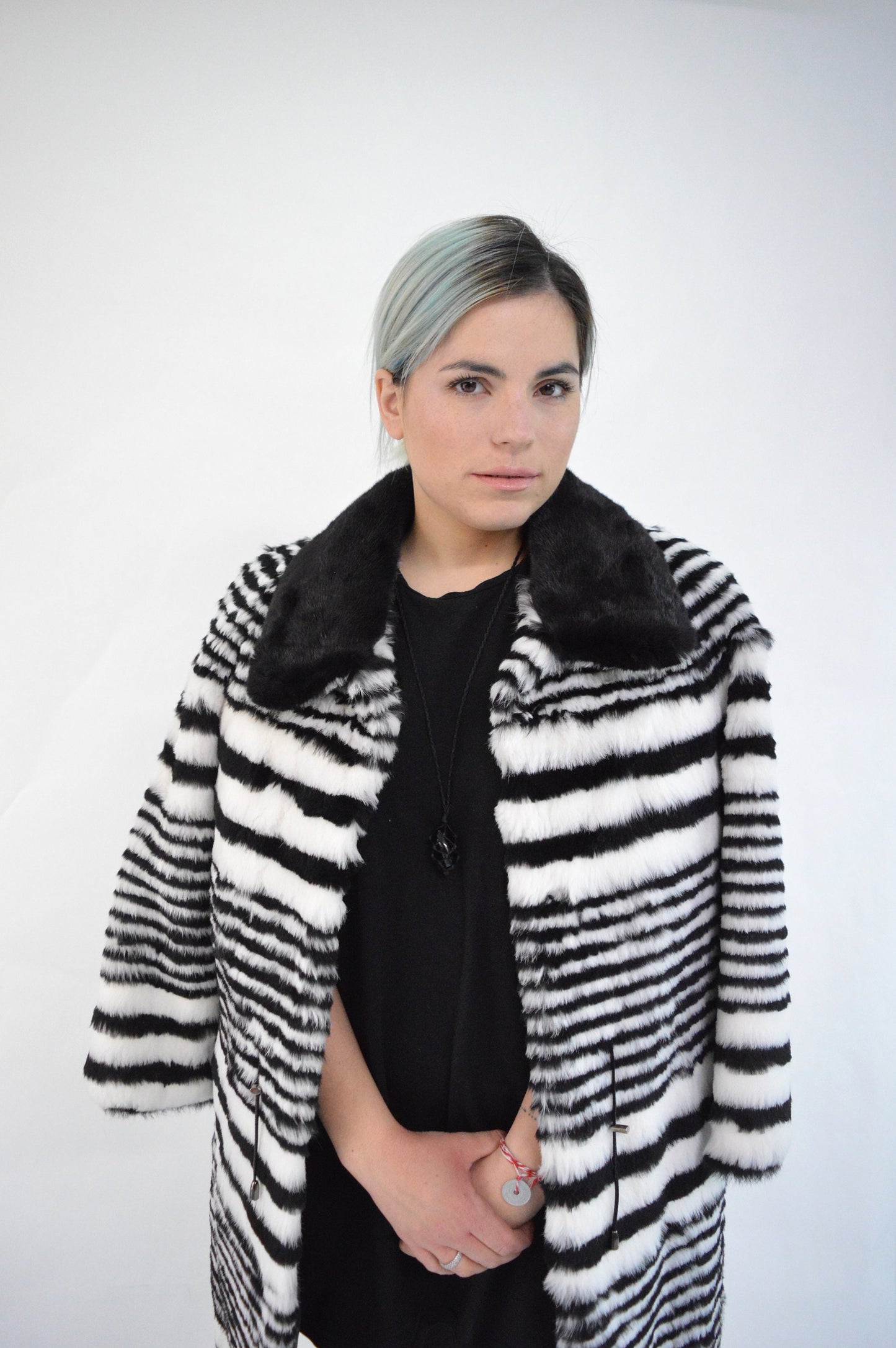 Black & White Rabbit Fur Coat: Mink Collar, Luxury Winter Coat