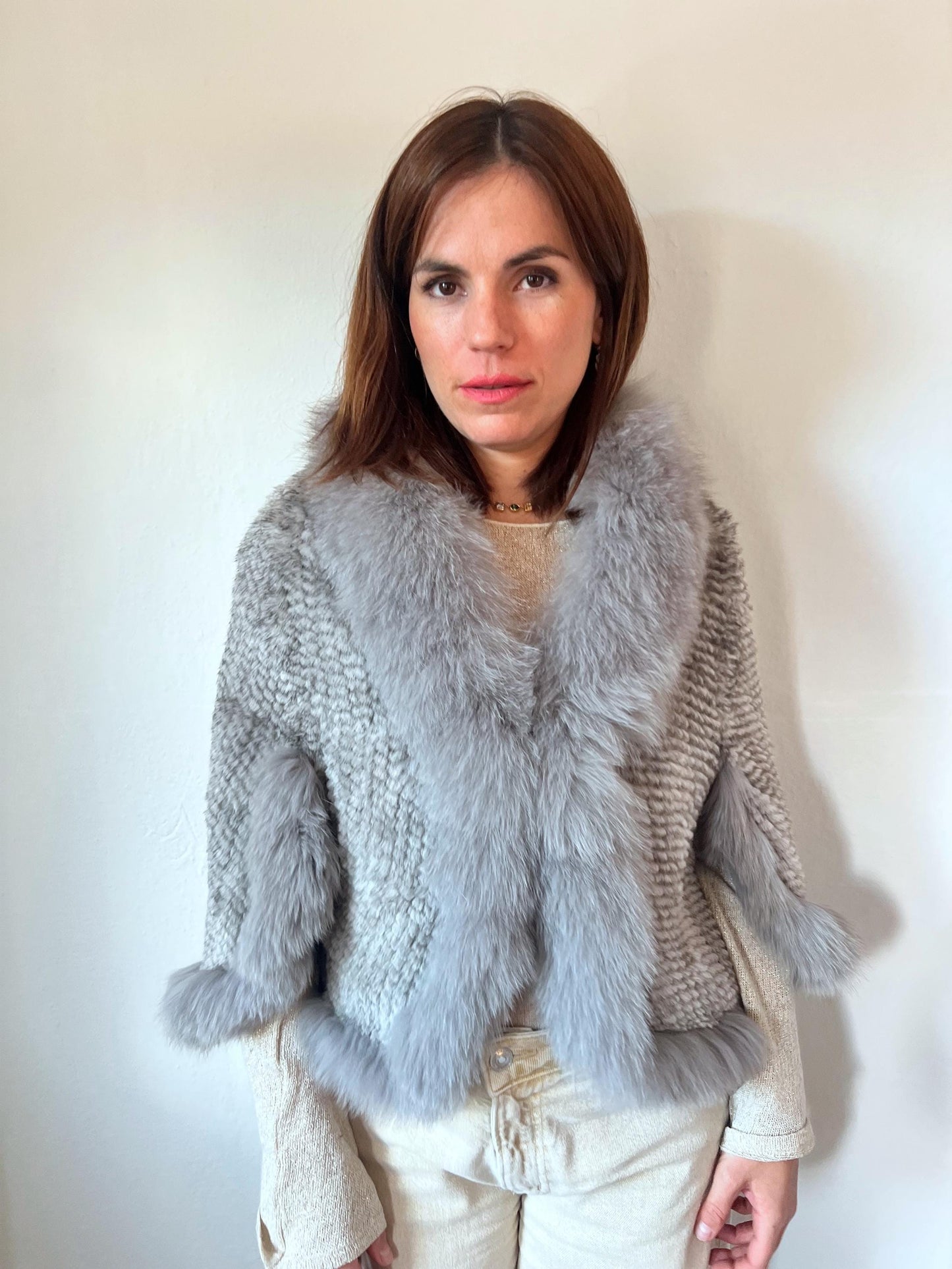 Handwoven Mink Fur Cape with Fox Fur Trim - Light Gray Poncho