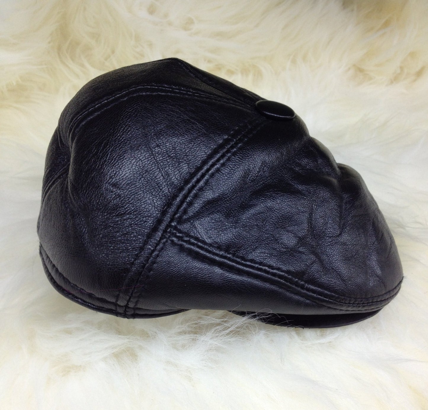 Shearling Fur Flat Cap: Leather Beret with Earflaps