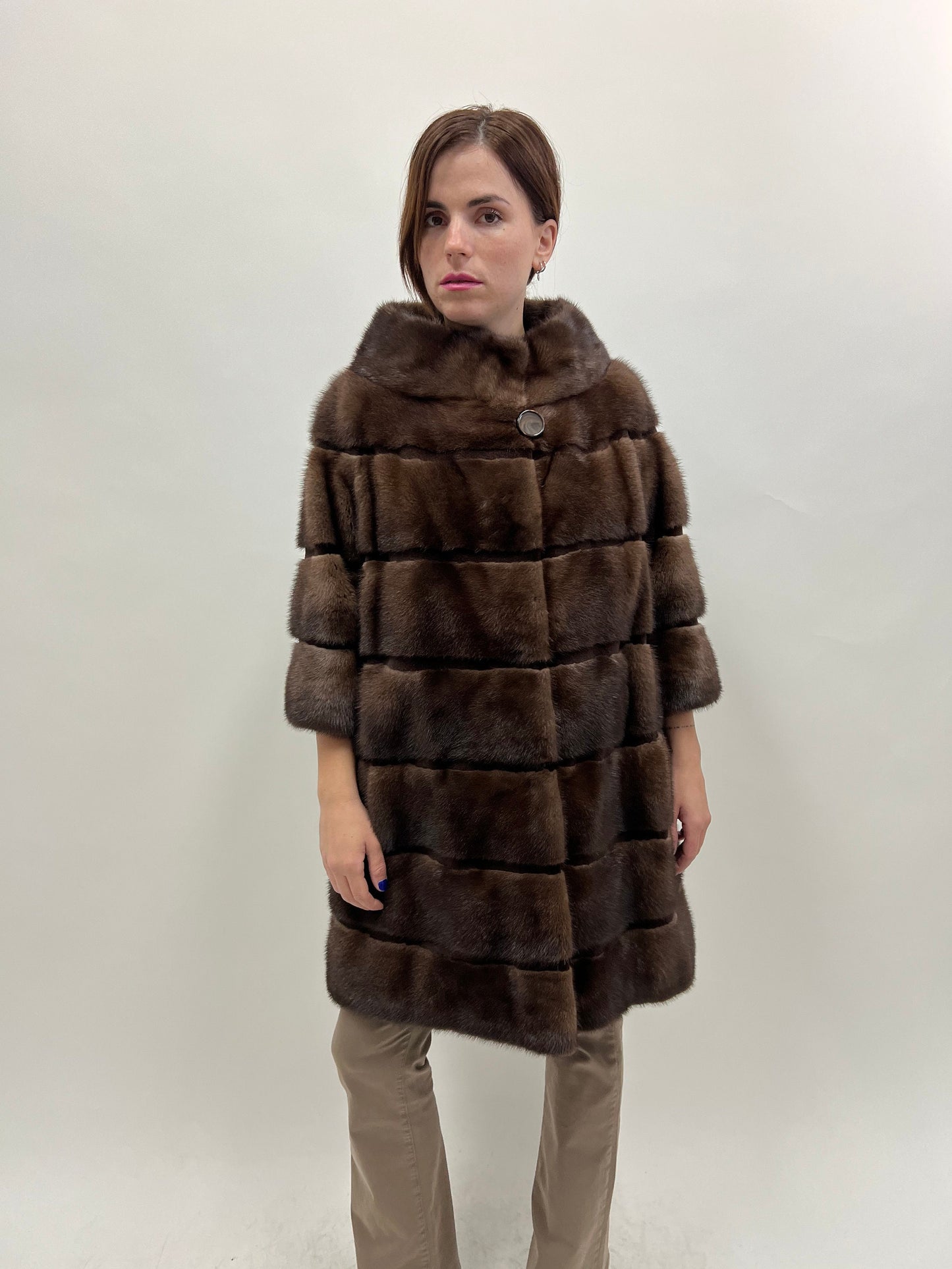 Saga Mink Fur Coat: Brown Sheared Trim, Handmade in Greece