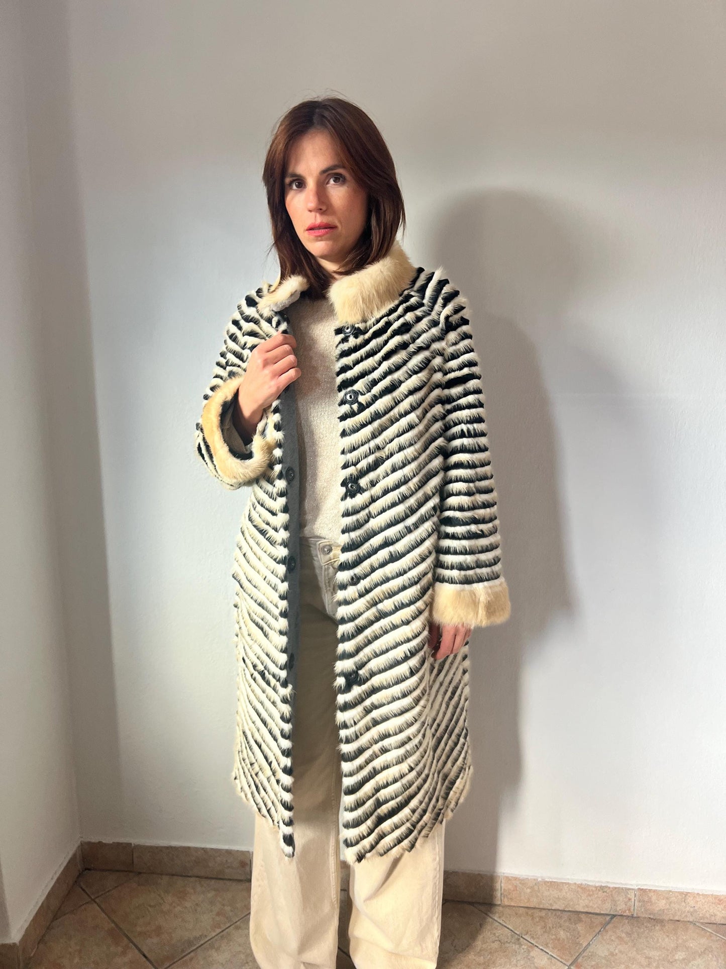 Handwoven Mink Fur Coat: Beige & Black Wool Lined Jacket