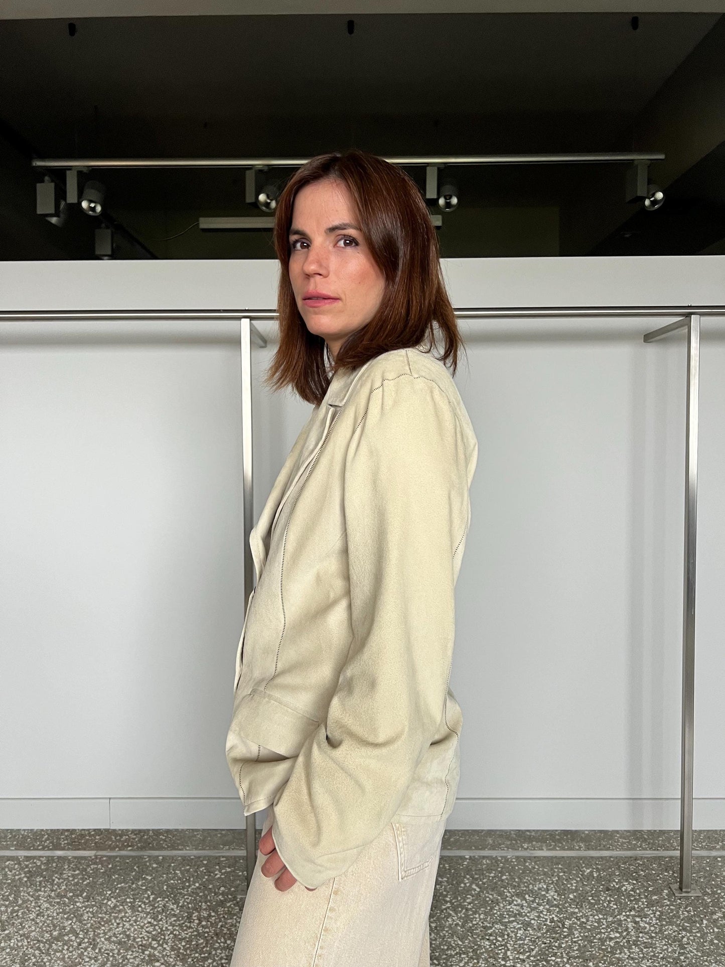 Beige distressed suede leather oversirt. Lightweight genuine leather: Handmade blazer.