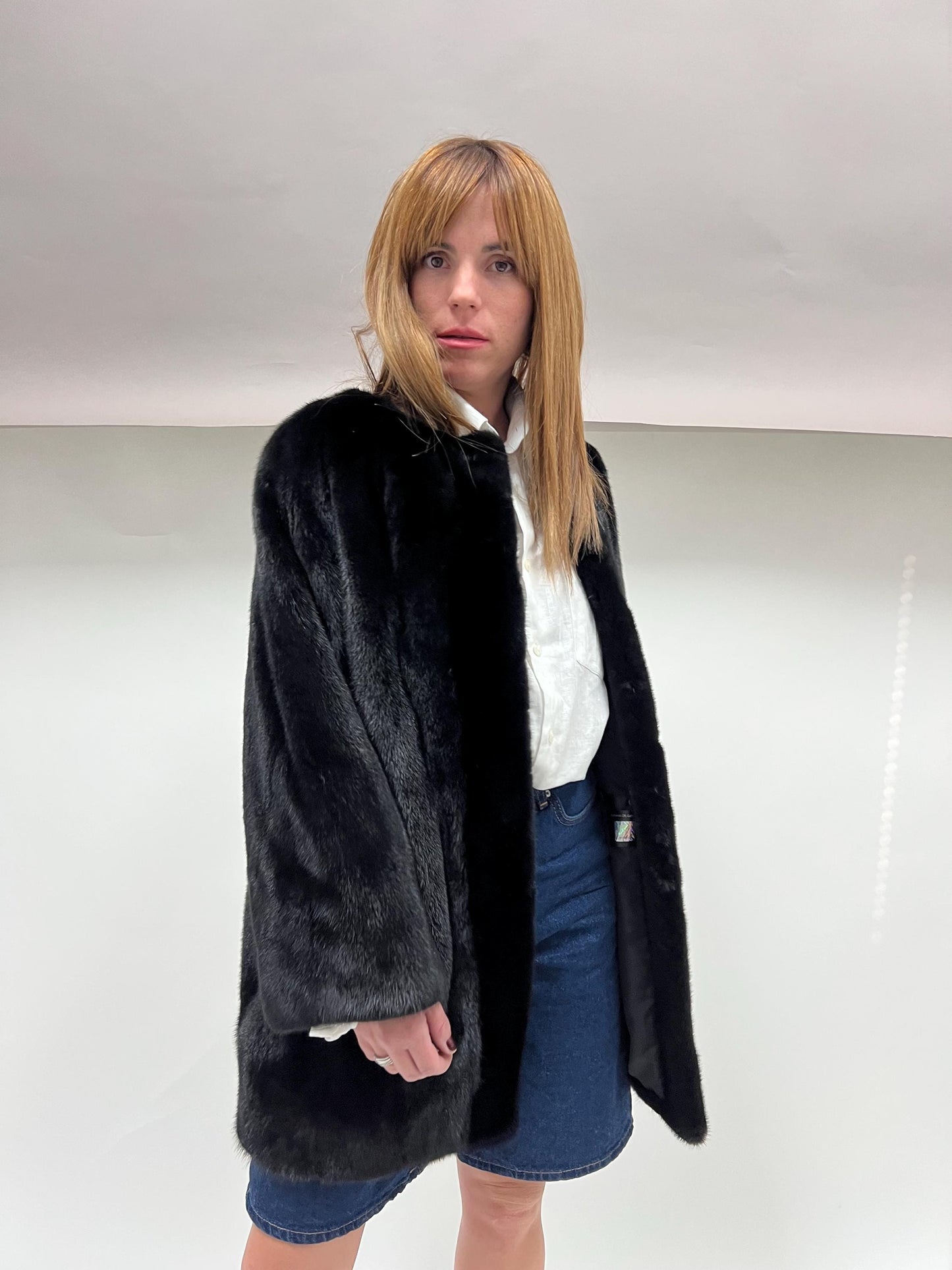 Black Velvet Mink Fur Robe Coat - Saga Pelts, Collarless