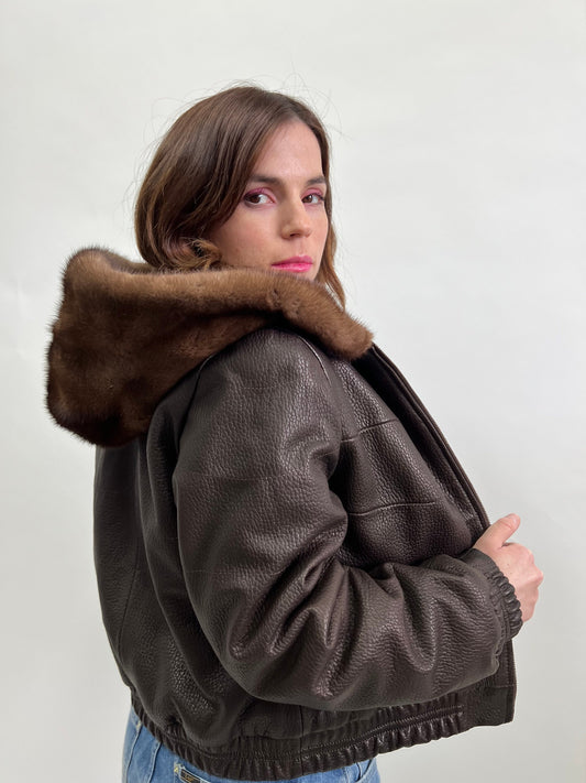 Reversible Brown Leather Mink Fur Hooded Bomber Jacket