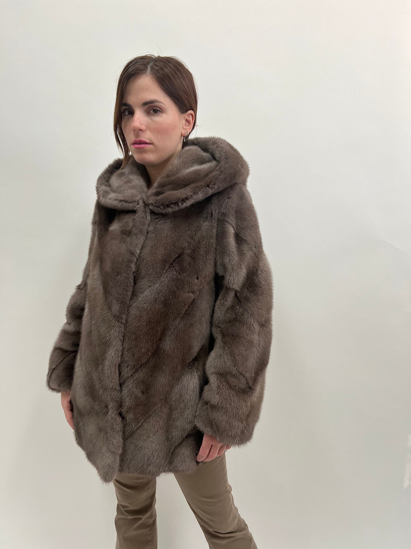 Saga Mink Fur Hooded Jacket, Warm Grey Diagonal Coat