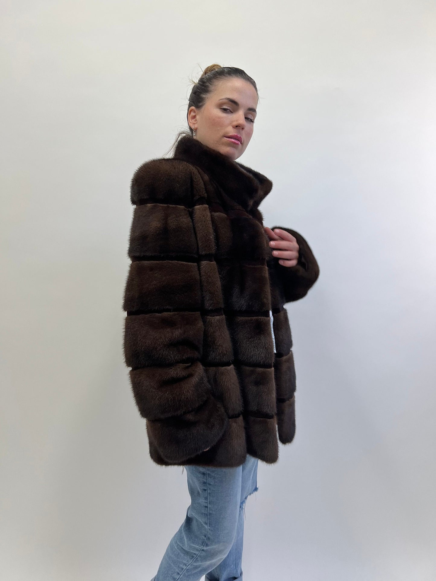 Dark Brown Mink Fur Coat: Horizontal Sheared Stripes, Size M/L