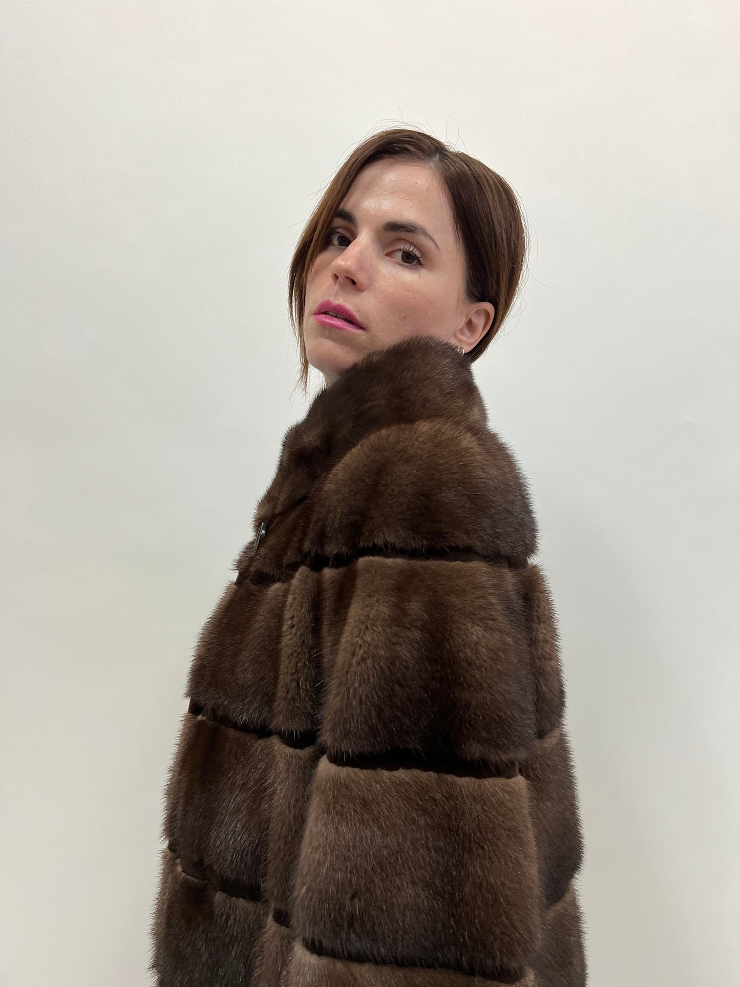 Saga Mink Fur Coat: Brown Sheared Trim, Handmade in Greece