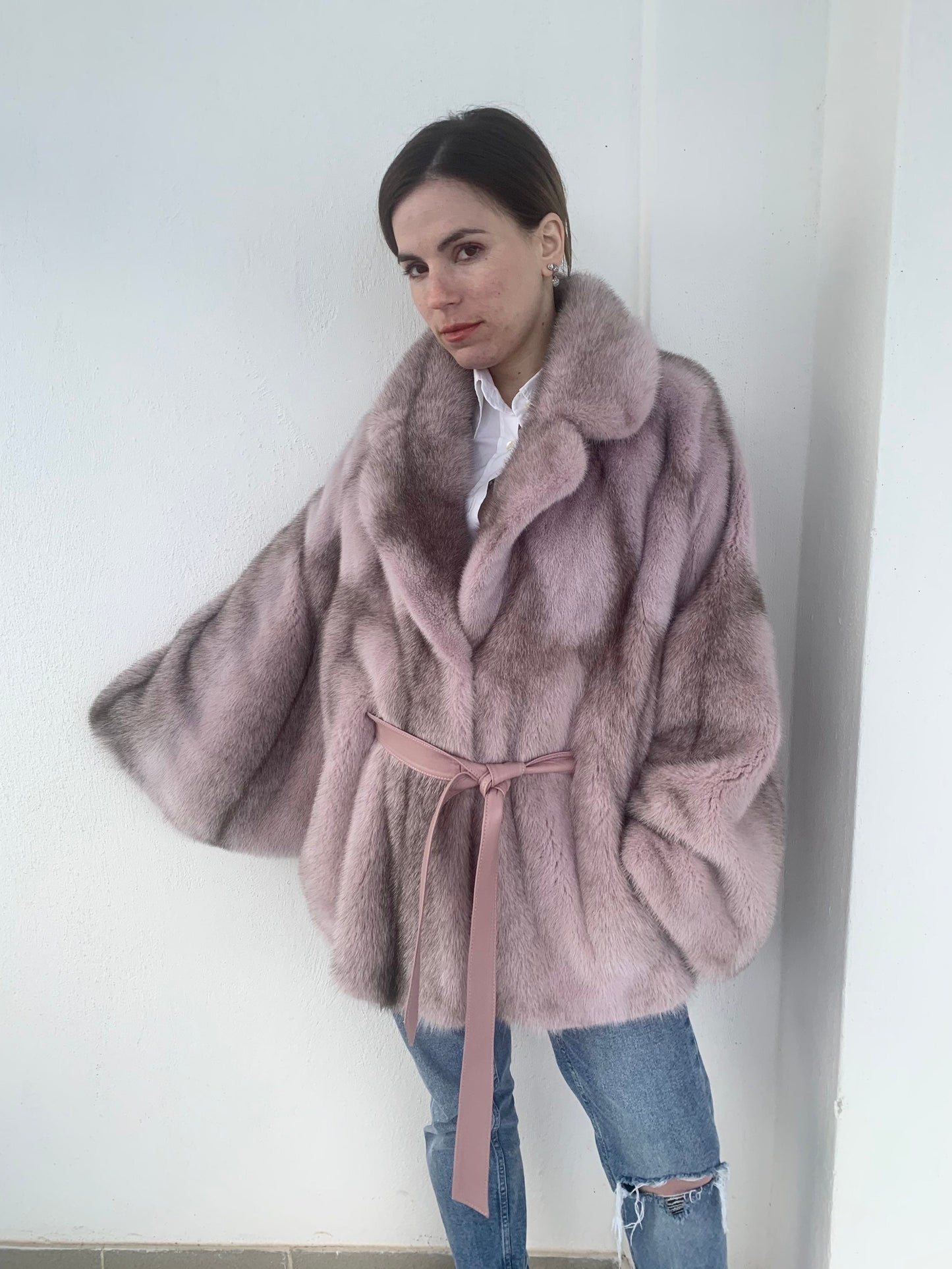 Pink & Black Cross Mink Fur Cape with Leather Belt